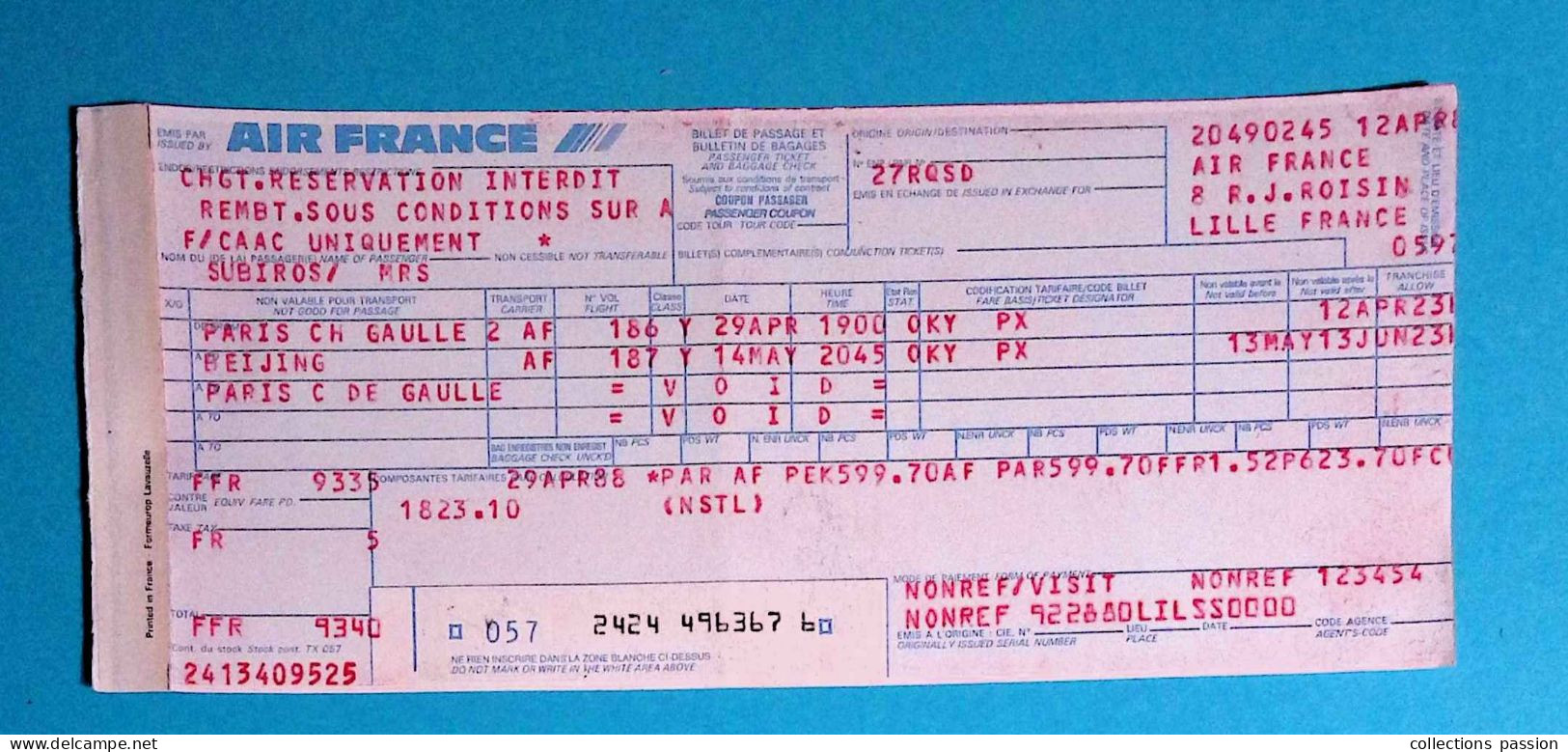 Billet De Passage AIR FRANCE, Paris Ch. De Gaulle - Beijing, Chine, 1988, Frais Fr 1.60 E - Wereld