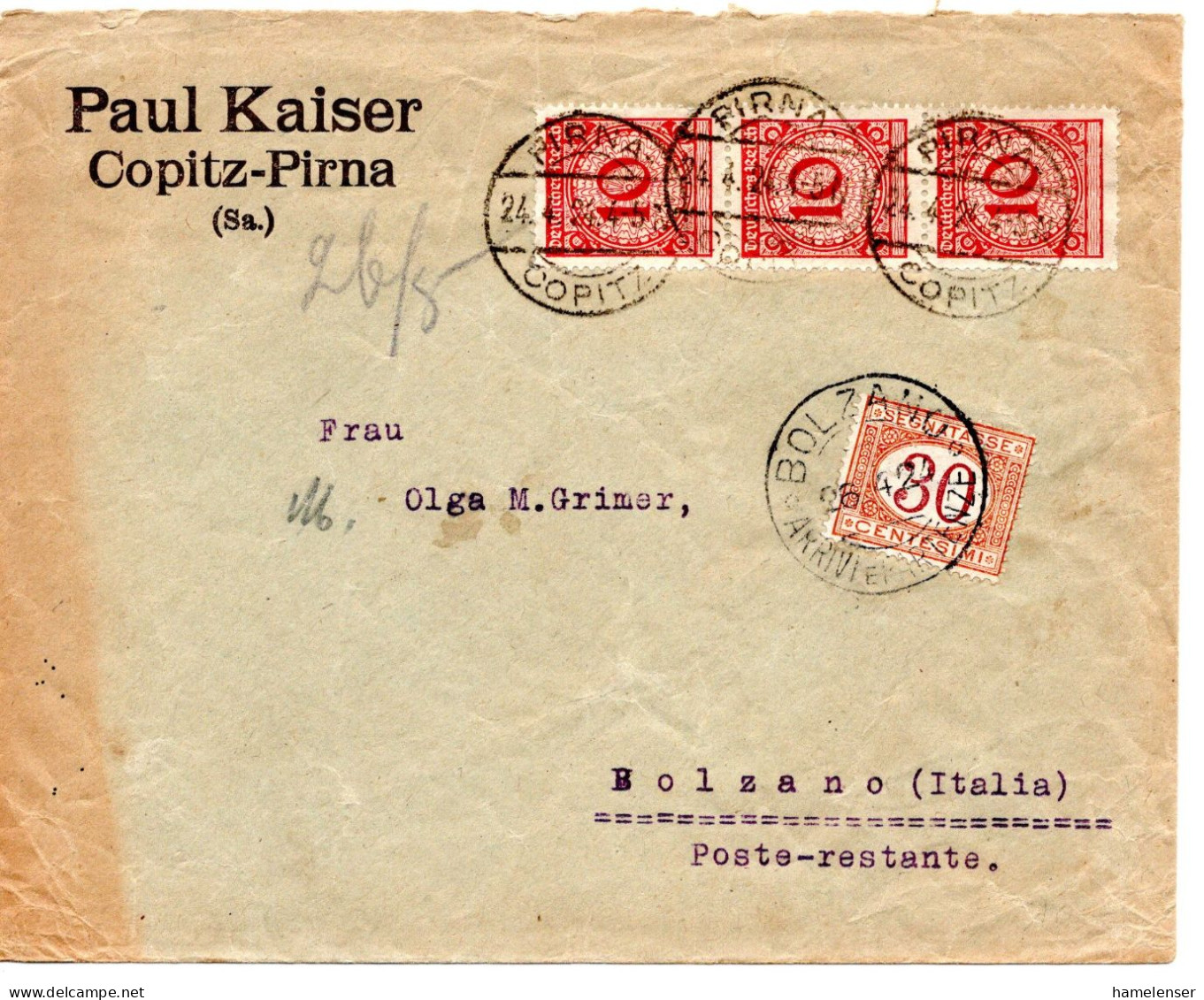 62003 - Deutsches Reich - 1924 - 3@10Pfg Korbdeckel A Bf PIRNA -> BOLZANO (Italien), M 30c Nachporto (Postlagergebuehr) - Postage Due