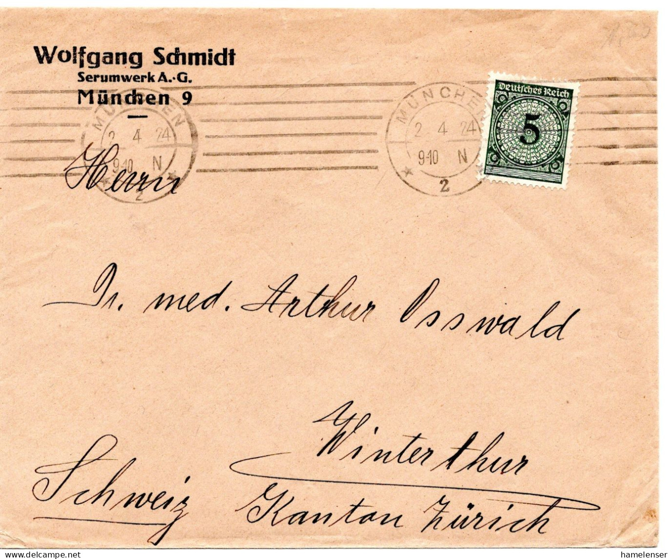 62004 - Deutsches Reich - 1924 - 5Pfg Korbdeckel A DrucksBf MUENCHEN -> Schweiz - Storia Postale