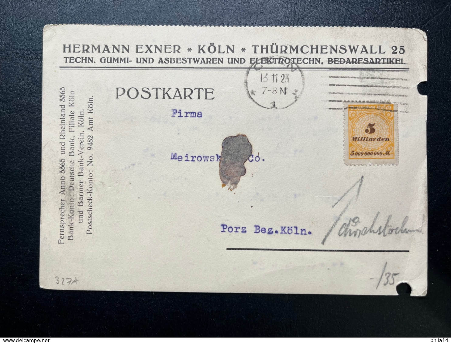 CARTE POSTALE ALLEMAGNE 1923 / 5 MILLIARDEN / KOLN - 1922-1923 Lokale Uitgaves