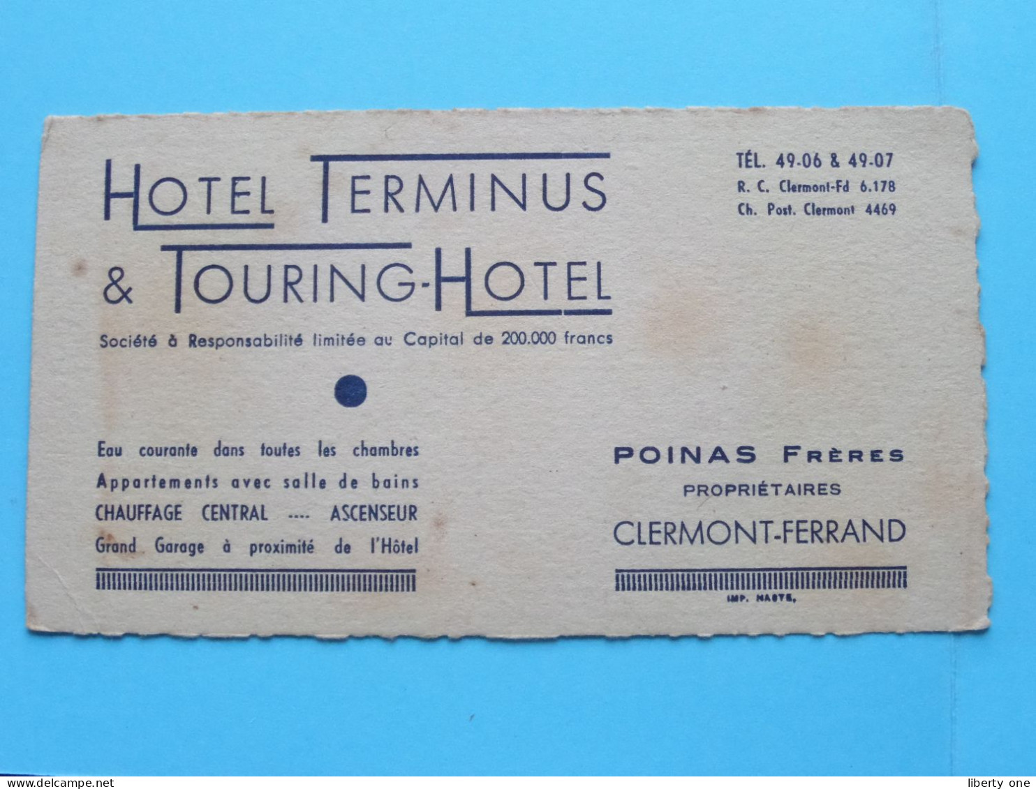 Hotel Terminus & Touring-Hotel ( POINAS Frères ) à CLERMONT-FERRAND > ( Zie / Voir SCANS ) CDV ! - Cartes De Visite
