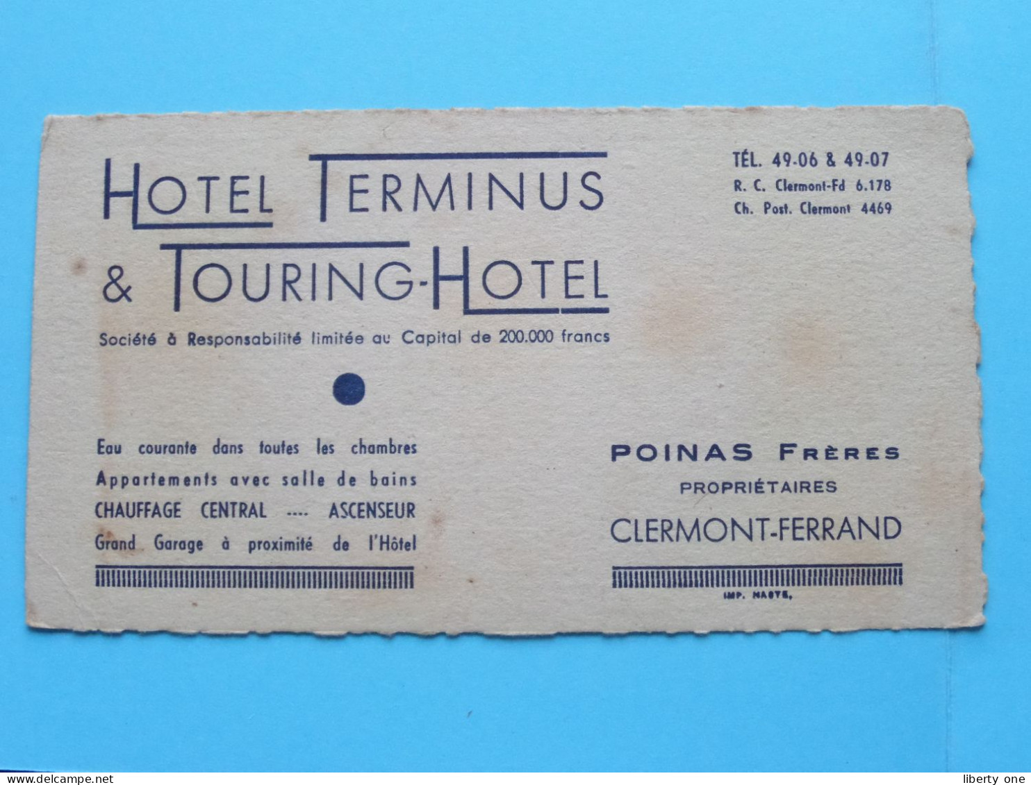 Hotel Terminus & Touring-Hotel ( POINAS Frères ) à CLERMONT-FERRAND > ( Zie / Voir SCANS ) CDV ! - Visiting Cards