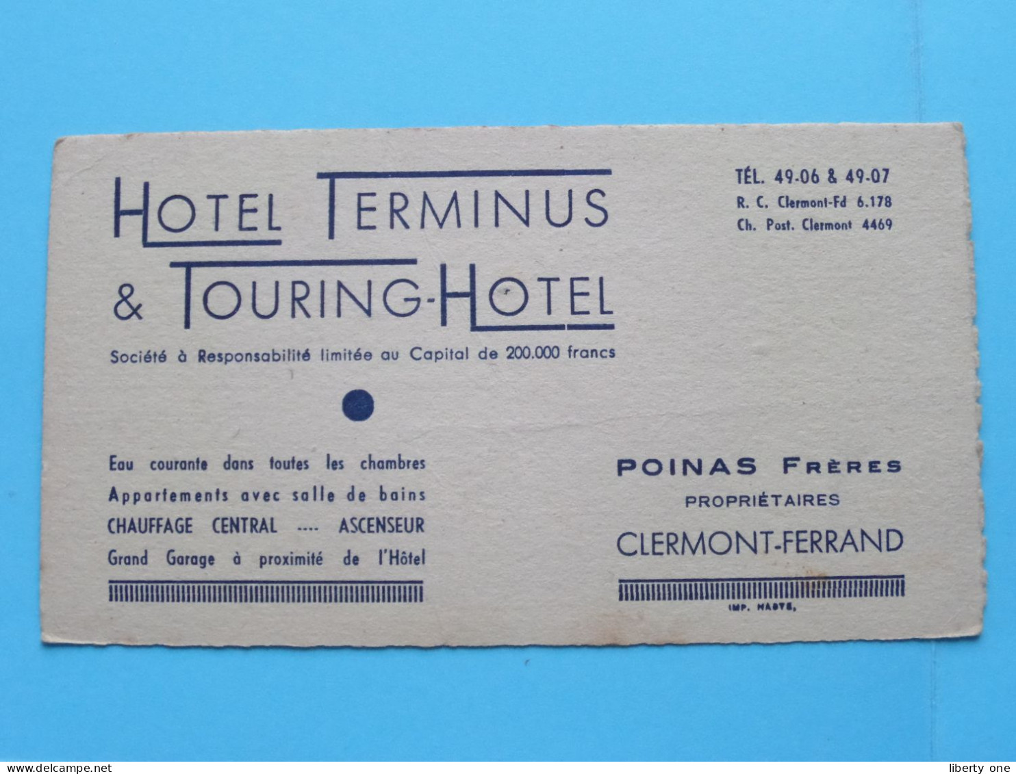 Hotel Terminus & Touring-Hotel ( POINAS Frères ) à CLERMONT-FERRAND > ( Zie / Voir SCANS ) CDV France ! - Cartes De Visite