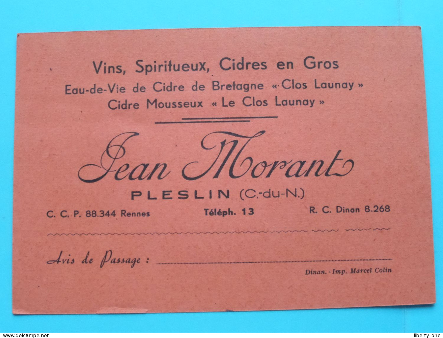 Jean MORANT Vins, Spiritueux, Cidres à PLESLIN (C.-du-N.) Tél 13 ( Zie / Voir SCANS ) France 1953 ! - Visitenkarten