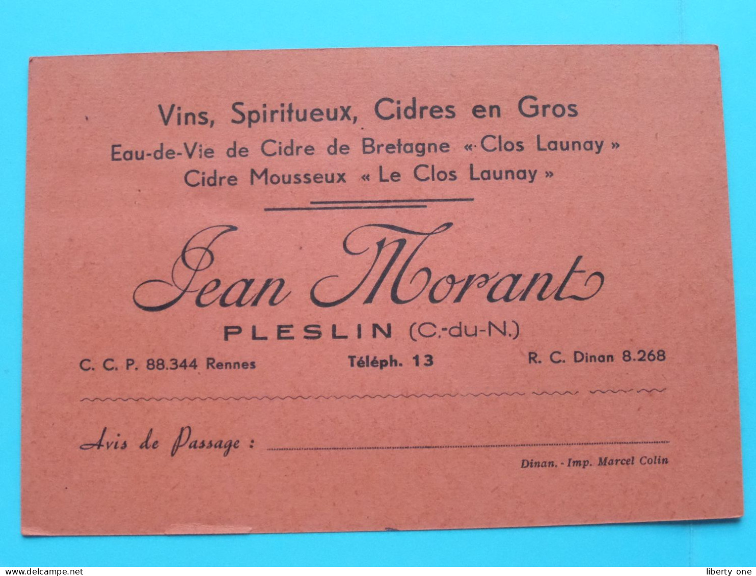 Jean MORANT Vins, Spiritueux, Cidres à PLESLIN (C.-du-N.) Tél 13 ( Zie / Voir SCANS ) France 1953 ! - Cartoncini Da Visita