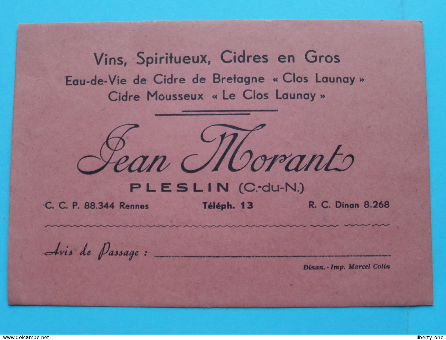 Jean MORANT Vins, Spiritueux, Cidres à PLESLIN (C.-du-N.) Tél 13 ( Zie / Voir SCANS ) France 195? ! - Visitenkarten