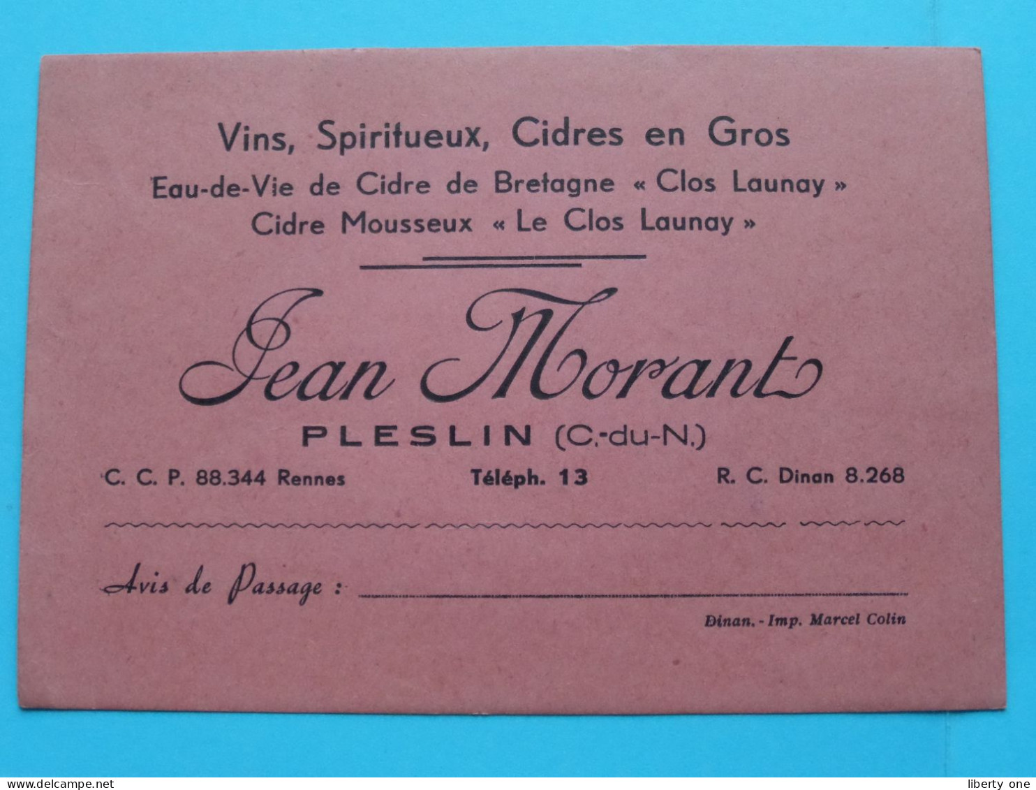 Jean MORANT Vins, Spiritueux, Cidres à PLESLIN (C.-du-N.) Tél 13 ( Zie / Voir SCANS ) France 195? ! - Cartes De Visite