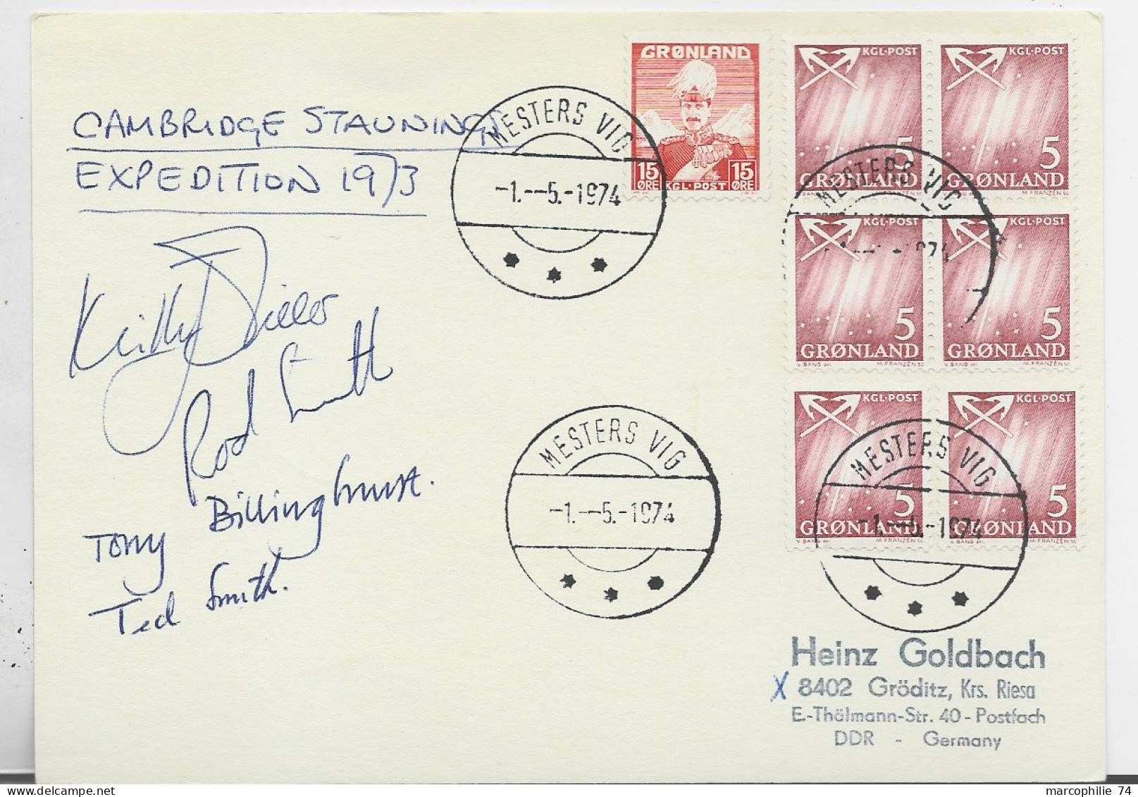 GRONLAND POST CARD MESTERS VIG 1.5.1974 CAMBRIGDE EXPEDITION 1973 + SIGNATURES - Brieven En Documenten