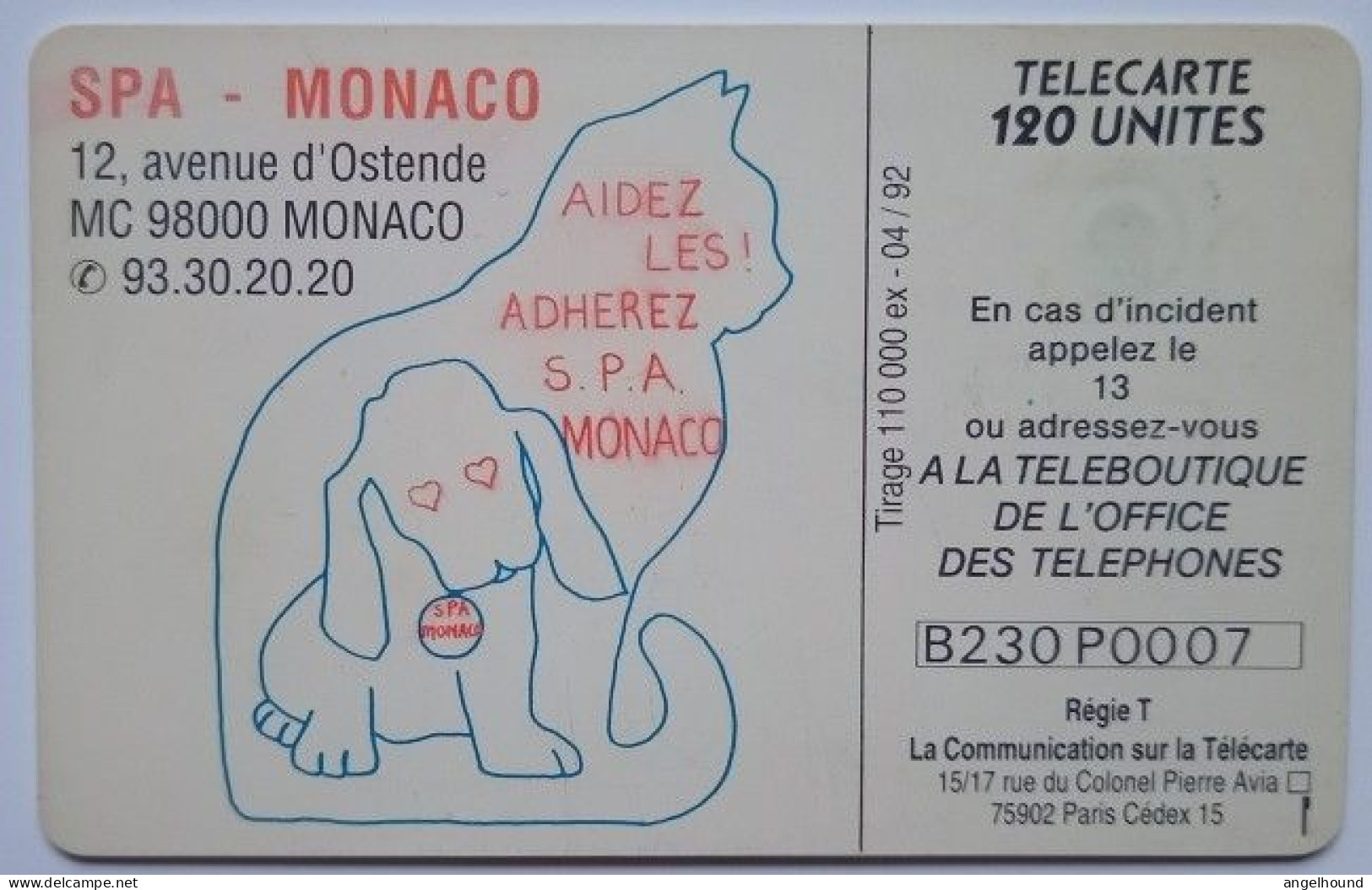 Monaco 120 Units Chip Card - Societe Protectrice Des Animaux - Monace