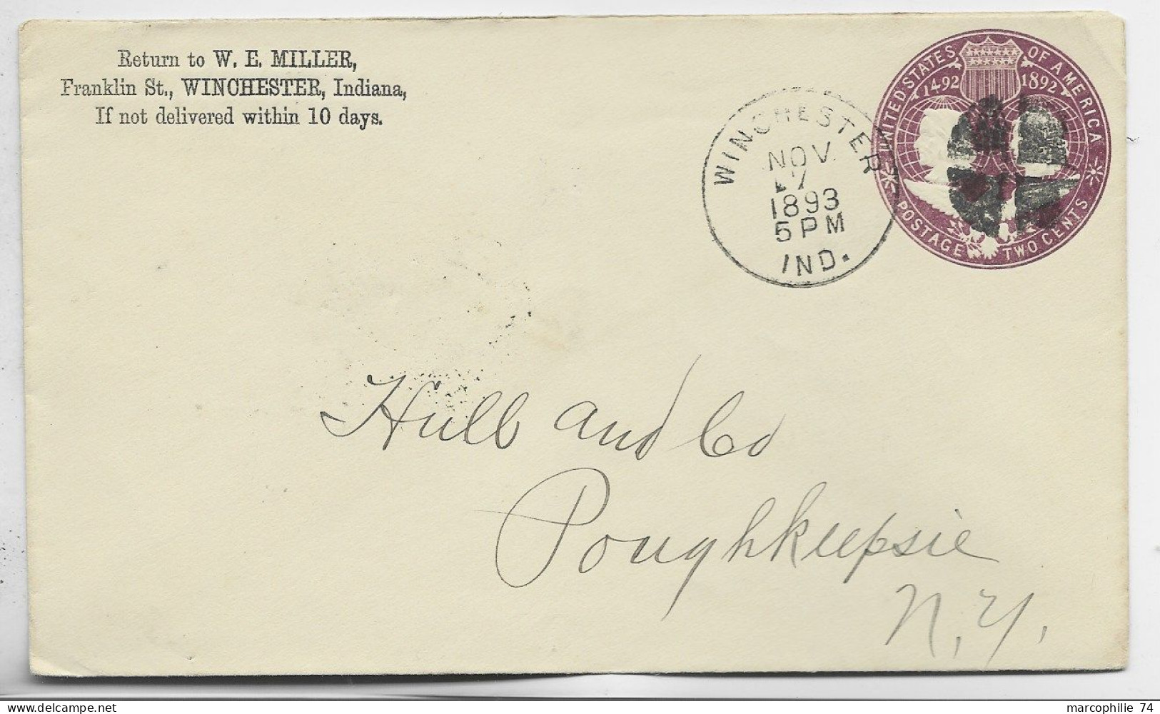 ETATS UNIS USA TWO CENTS ENTIER ENVELOPPE COVER WINCHESTER NOV 7 1893 - ...-1900