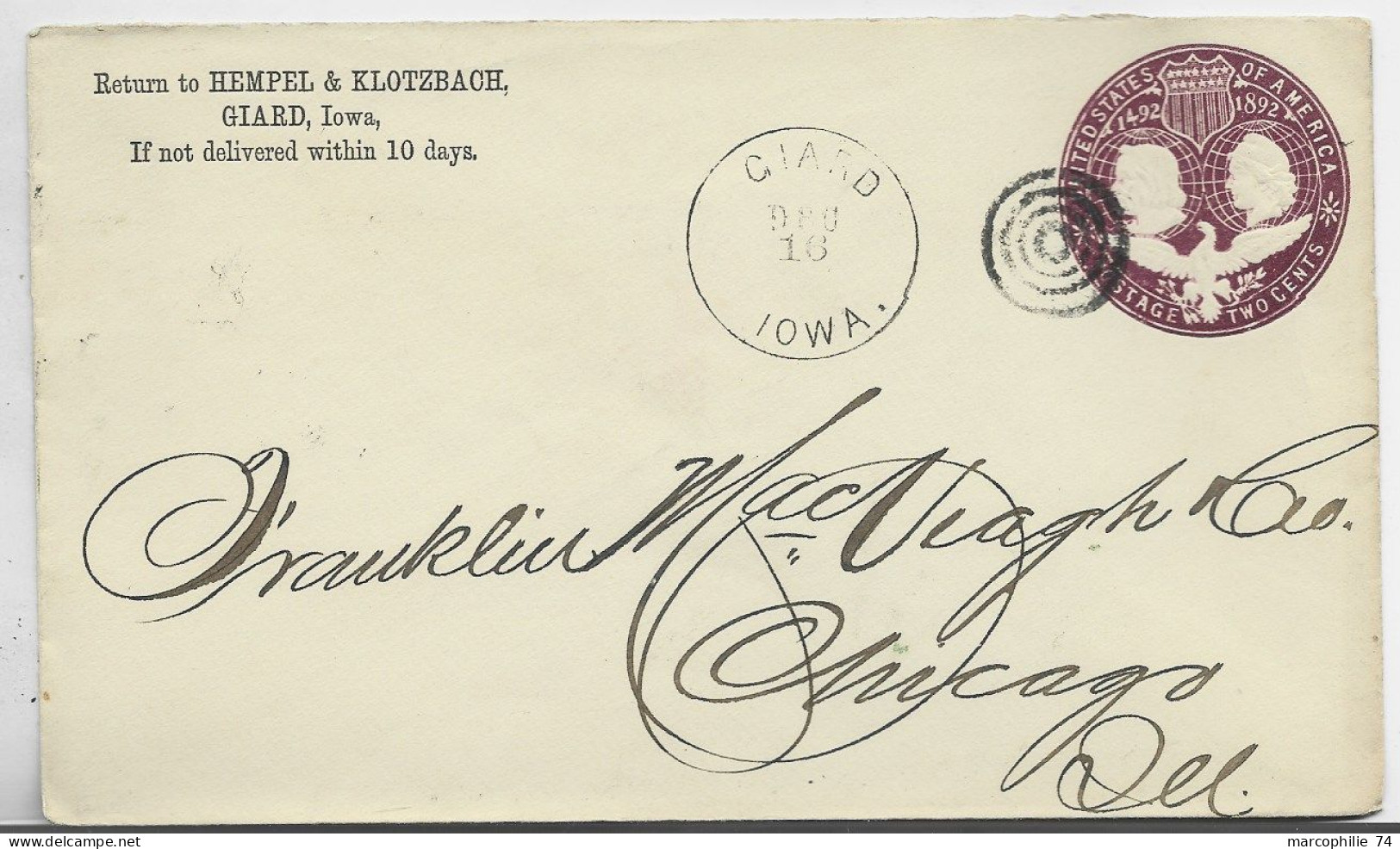 ETATS UNIS USA TWO CENTS ENTIER ENVELOPPE COVER GIARD IOWA - ...-1900