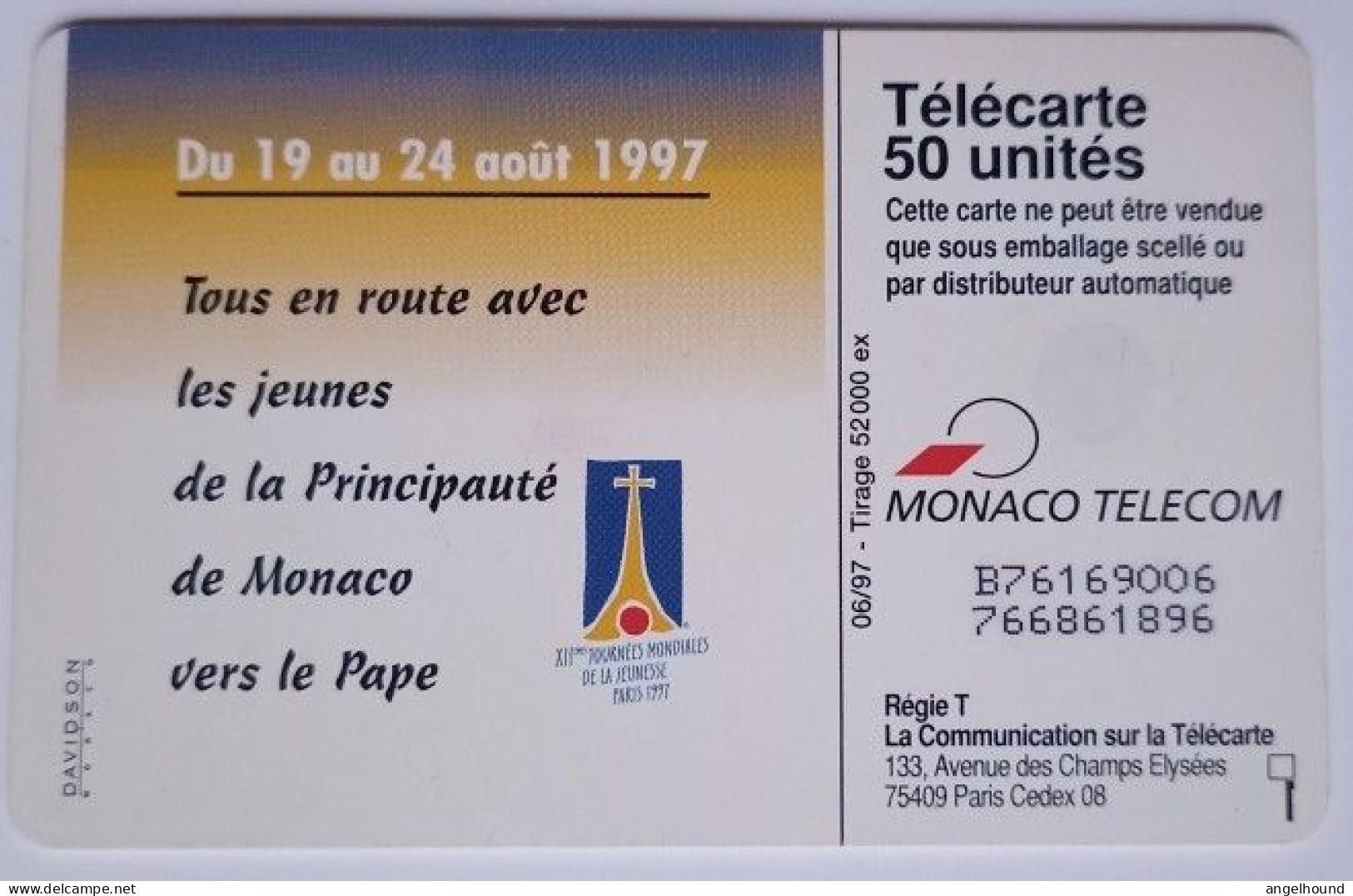 Monaco 50 Units Chip Card - X11e Journees Mondiales De La Jeunesse - Paris 1997 - Monaco