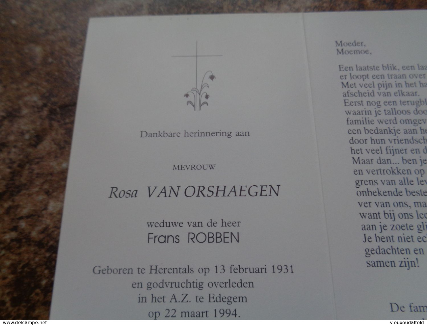 Doodsprentje/Bidprentje   Rosa VAN ORSHAEGEN   Herentals 1931-1994 Edegem  (Wwe Frans ROBBEN) - Religion & Esotérisme