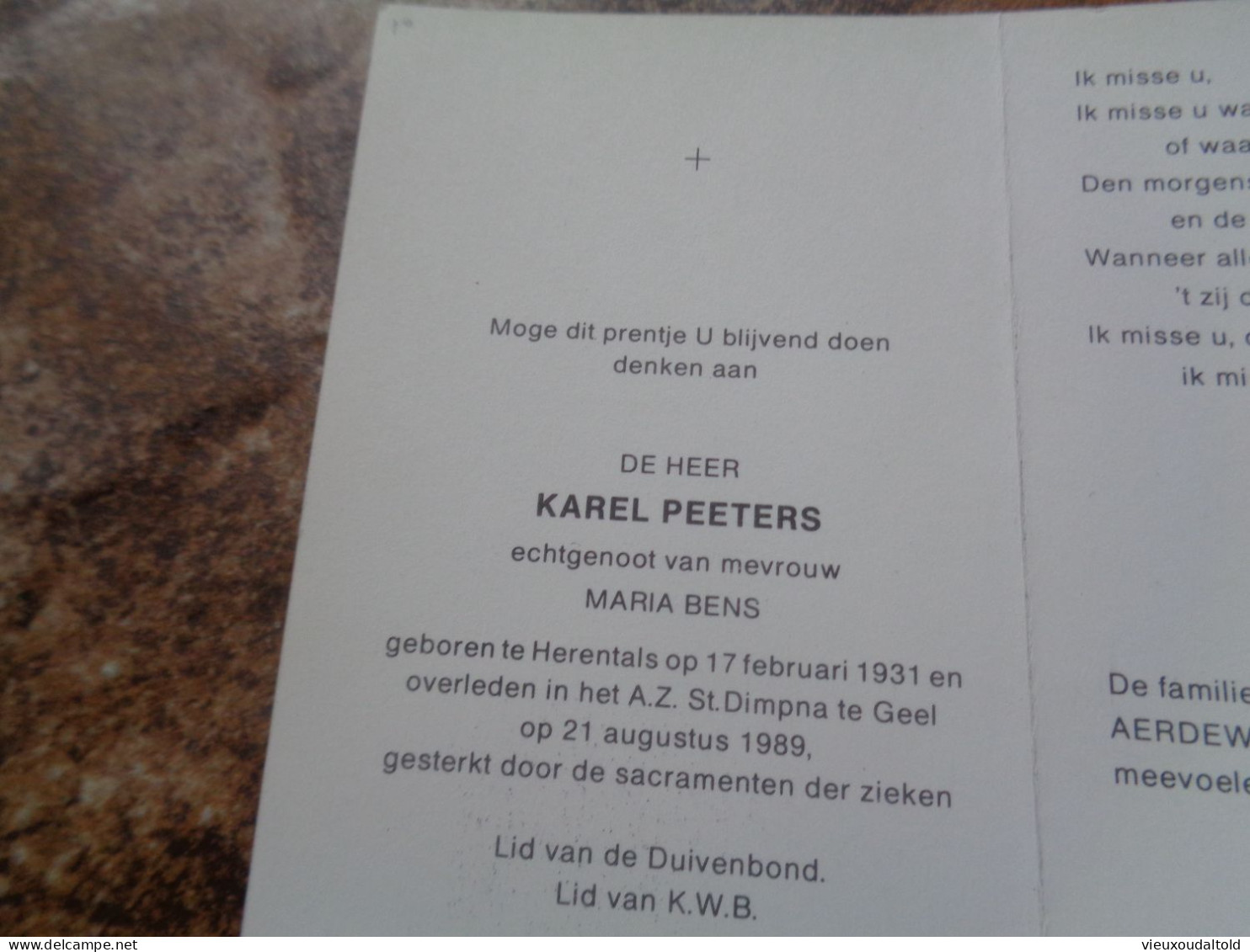 Doodsprentje/Bidprentje  KAREL PEETERS   Herentals 1931-1989 Geel  (Echtg Maria BENS) - Religion & Esotérisme