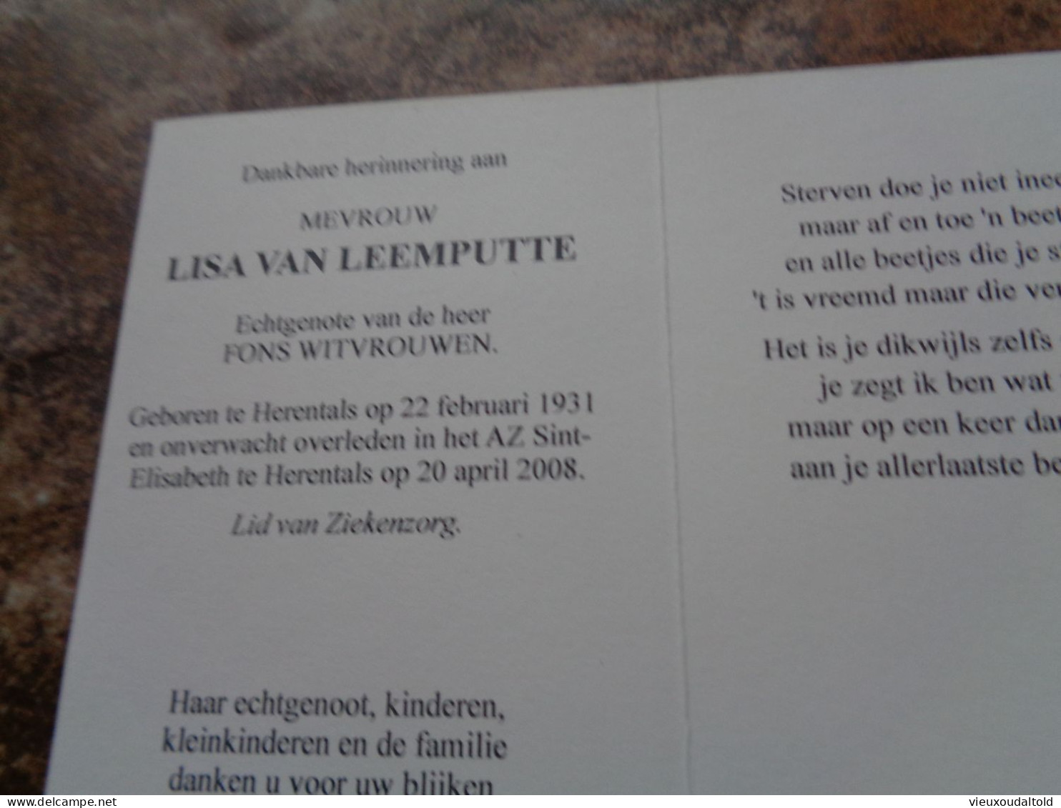 Doodsprentje/Bidprentje  LISA VAN LEEMPUTTE   Herentals 1931-2008  (Echtg Fons WITVROUWEN) - Religion & Esotérisme