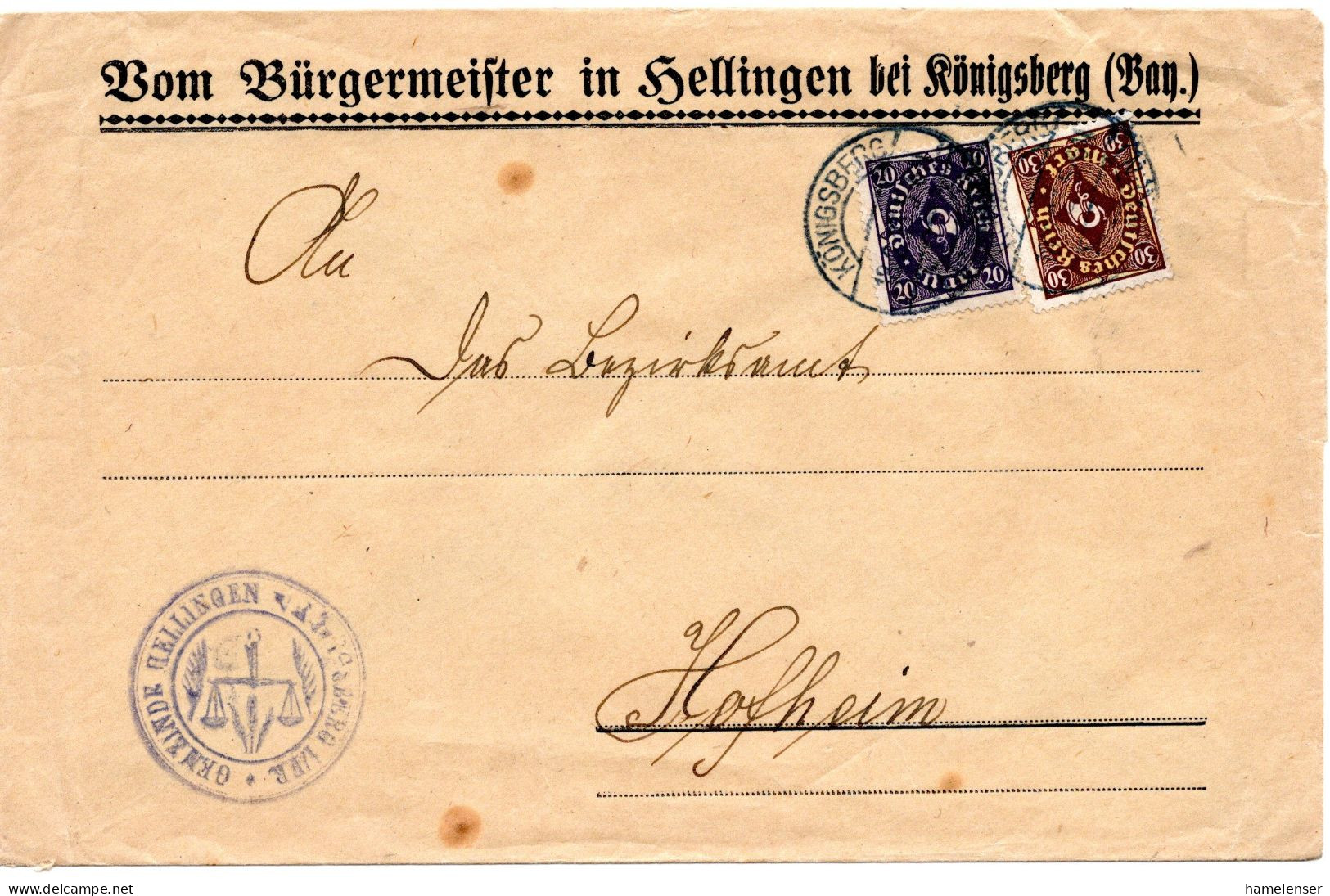 62016 - Deutsches Reich - 1923 - 30M Posthorn MiF A Bf KOENIGSBERG -> Hofheim - Storia Postale