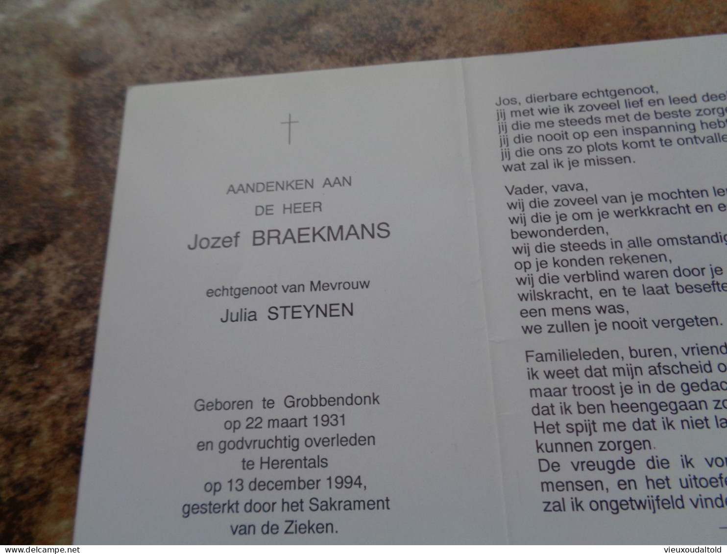 Doodsprentje/Bidprentje  Jozef BRAEKMANS   Grobbendonk 1931-1994 Herentals  (Echtg Julia STEYNEN) - Religion & Esotérisme