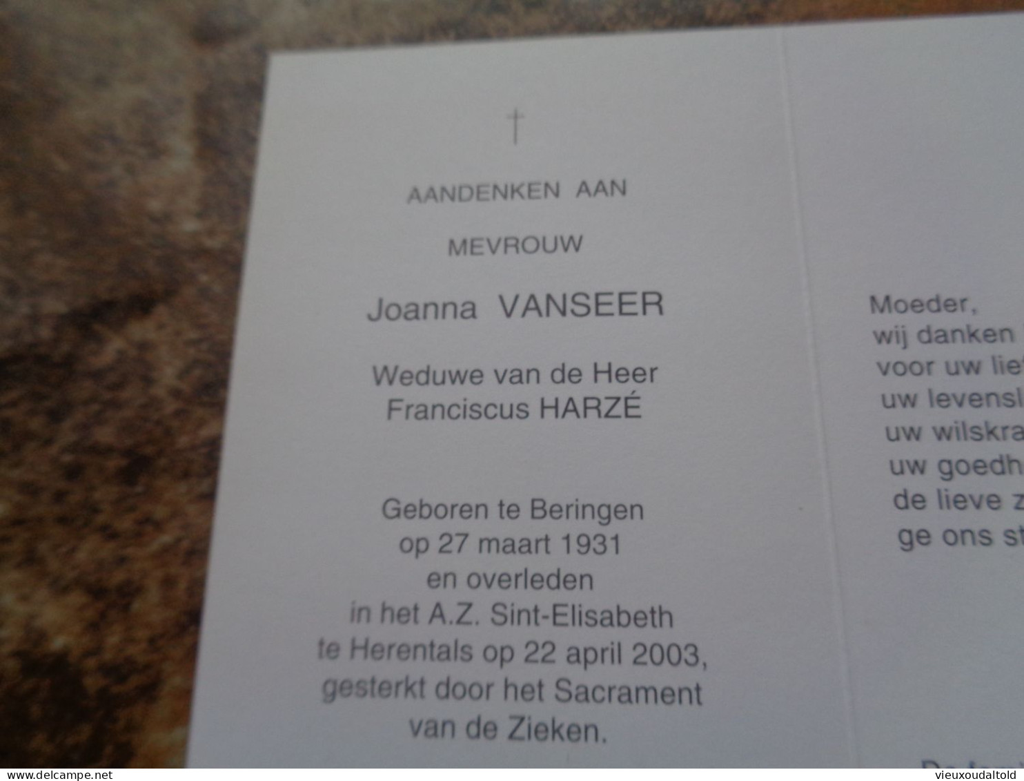 Doodsprentje/Bidprentje   Joanna VANSEER   Beringen 1931-2003 Herentals  (Wwe Franciscus HARZÉ) - Religion & Esotérisme