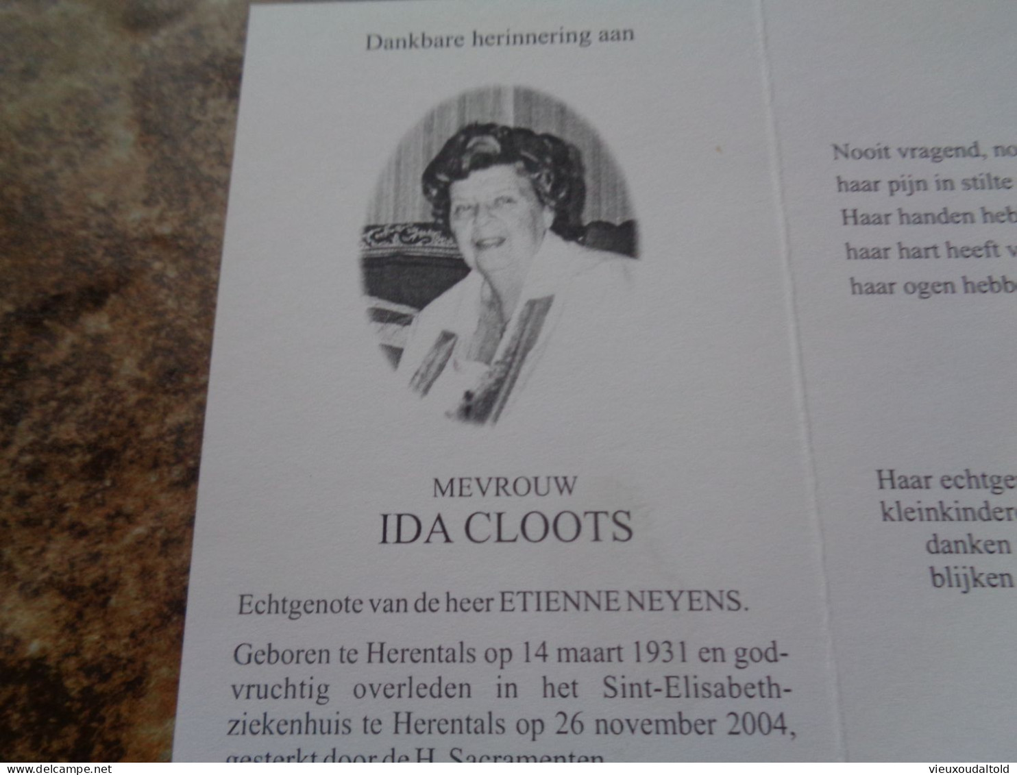 Doodsprentje/Bidprentje  IDA CLOOTS   Herentals 1931-2004  (Echtg ETIENNE NEYENS) - Religion & Esotérisme