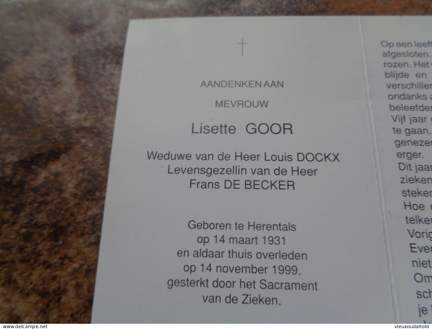 Doodsprentje/Bidprentje   Lisette GOOR   Herentals 1931-1999  (Wwe Louis DOCKX / Gez Frans DE BECKER) - Religion & Esotérisme