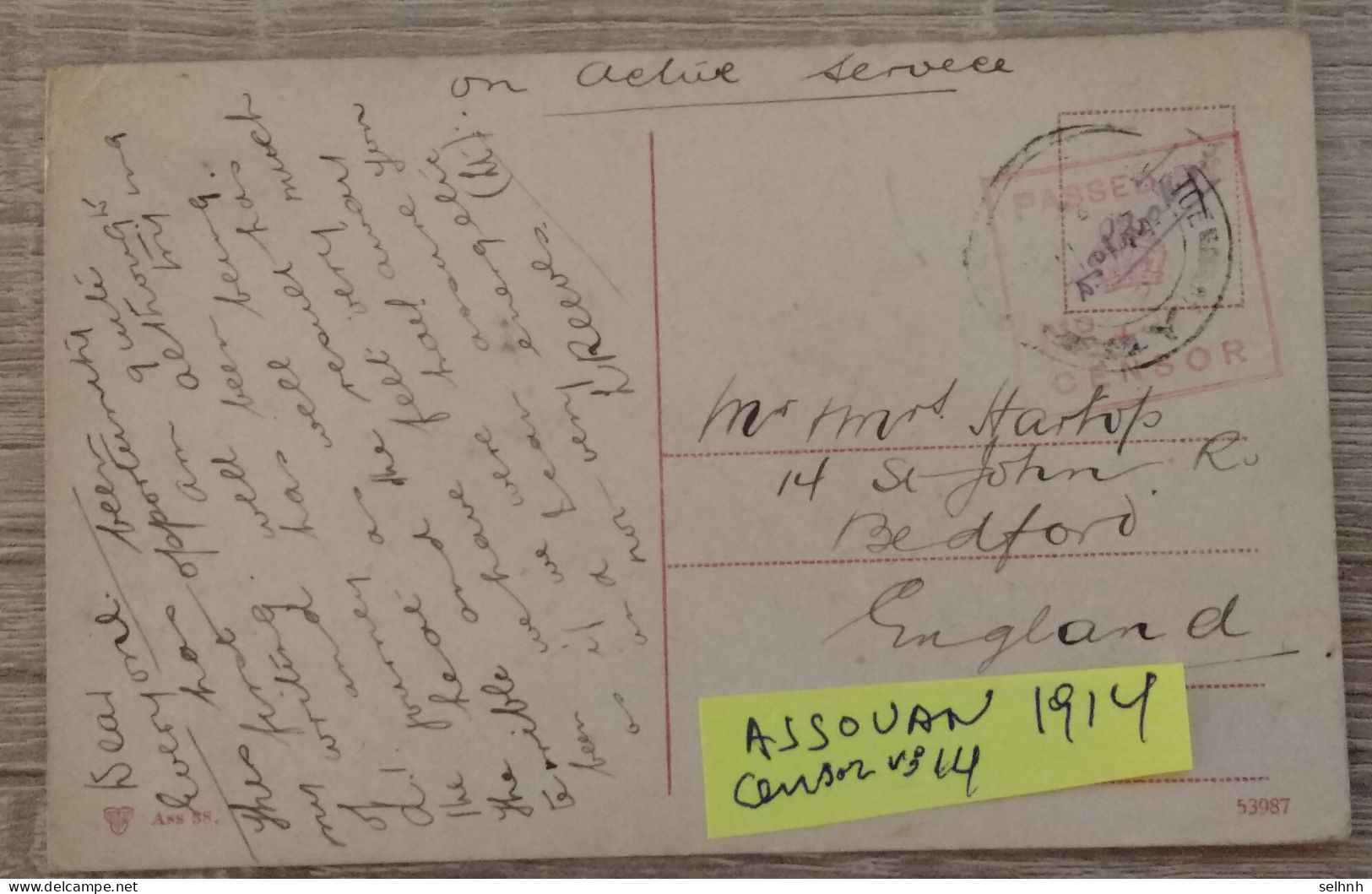 POST CARD WITH ASSUAN FROM EGYPT TO ENGLAND WITH ENGLISH GENSOR - 1915-1921 British Protectorate