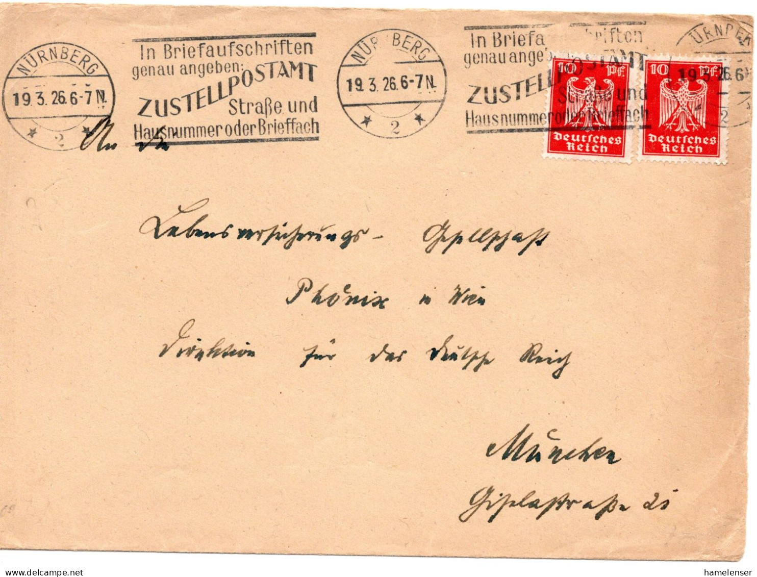 62021 - Deutsches Reich - 1926 - 2@10Pfg Adler A Bf NUERNBERG - ... -> Muenchen - Storia Postale