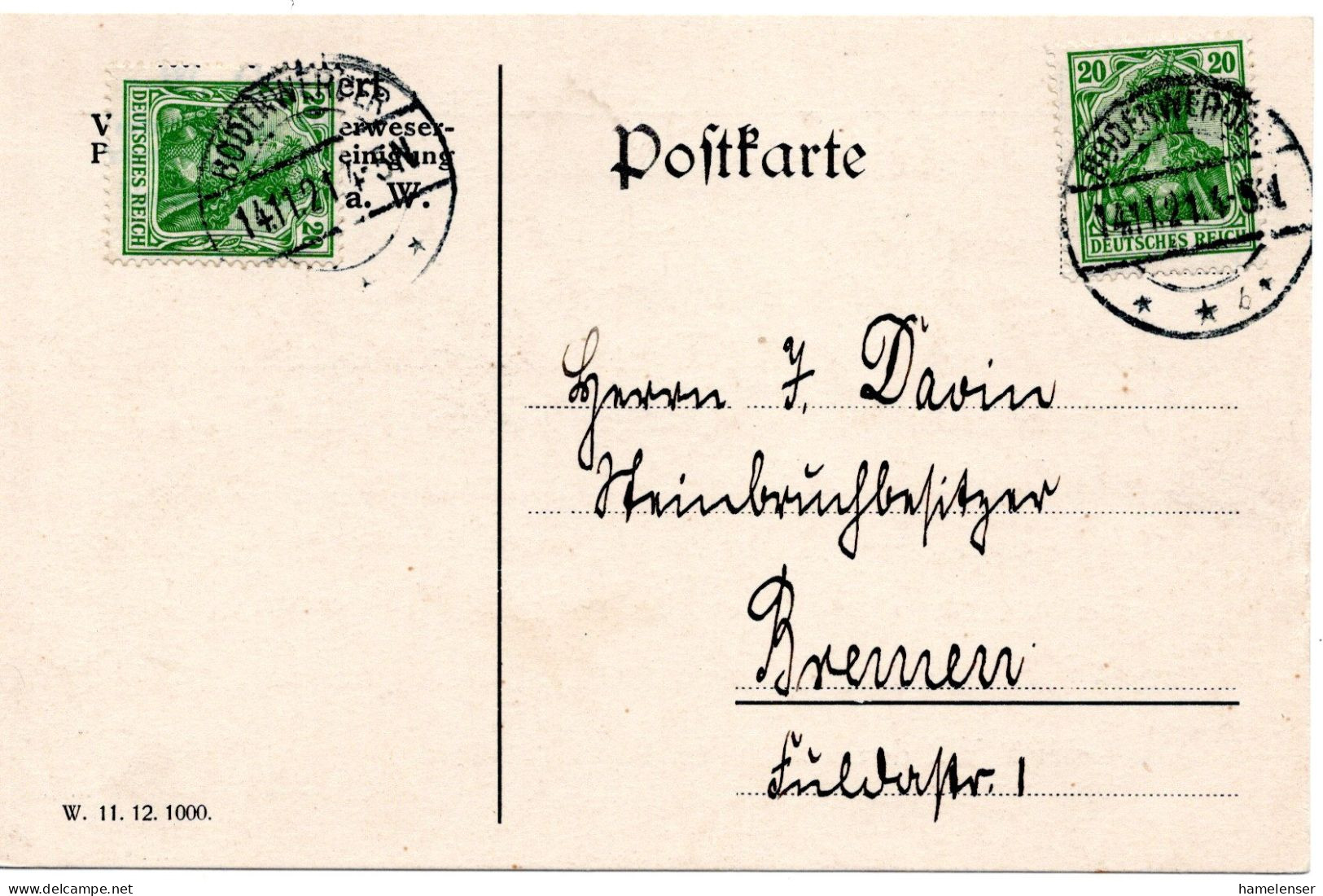 62022 - Deutsches Reich - 1921 - 2@20Pfg Germania A Kte BODENWERDER -> Bremen - Lettres & Documents