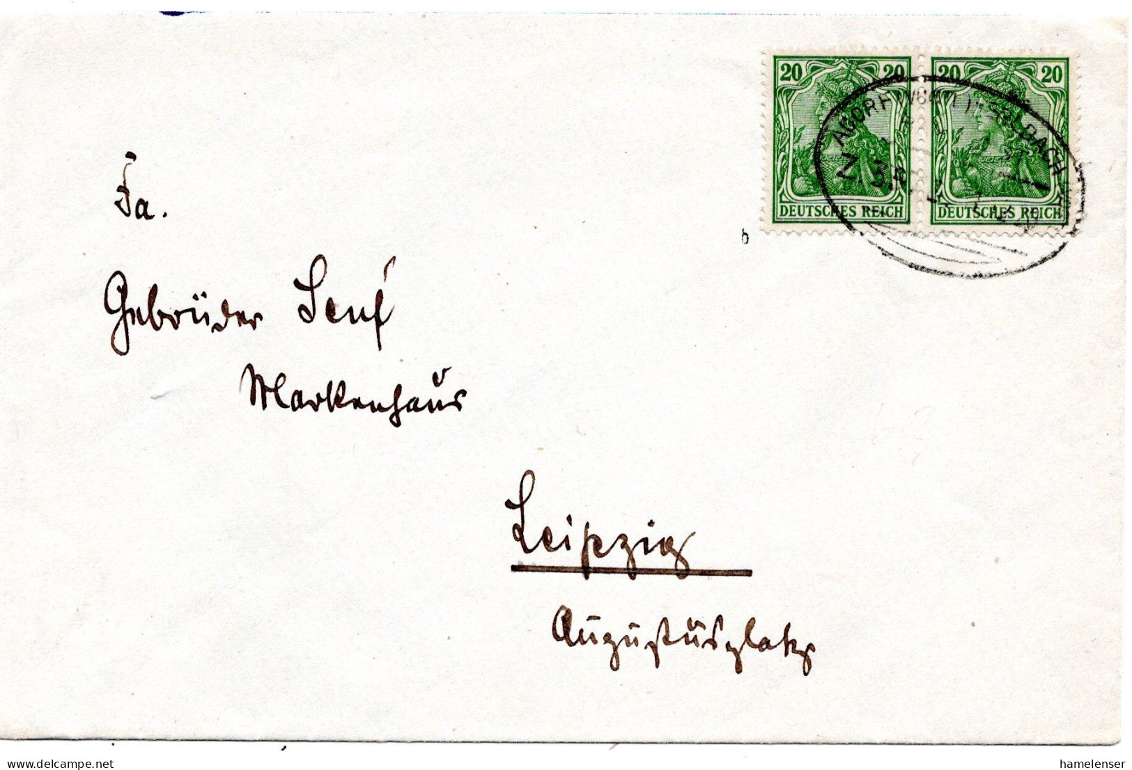 62023 - Deutsches Reich - 1920 - 2@20Pfg Germania A Bf ADORF - SEILBACH BAHNPOST -> Leipzig - Storia Postale