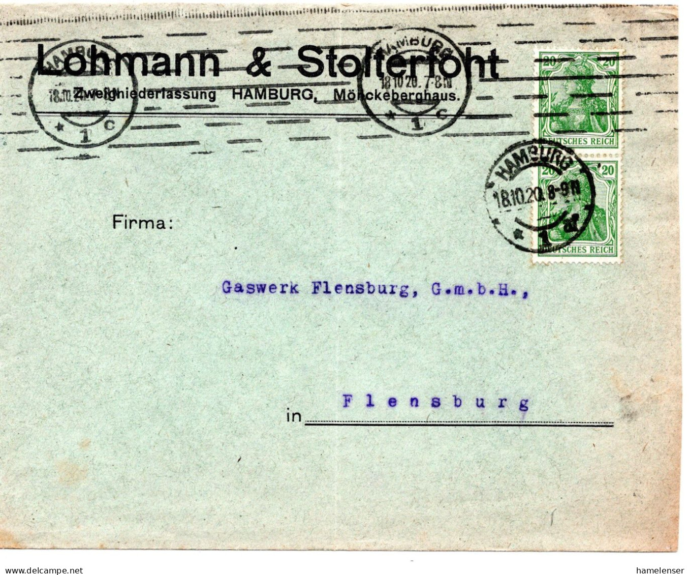 62024 - Deutsches Reich - 1920 - 2@20Pfg Germania A Bf HAMBURG -> Flensburg - Lettres & Documents