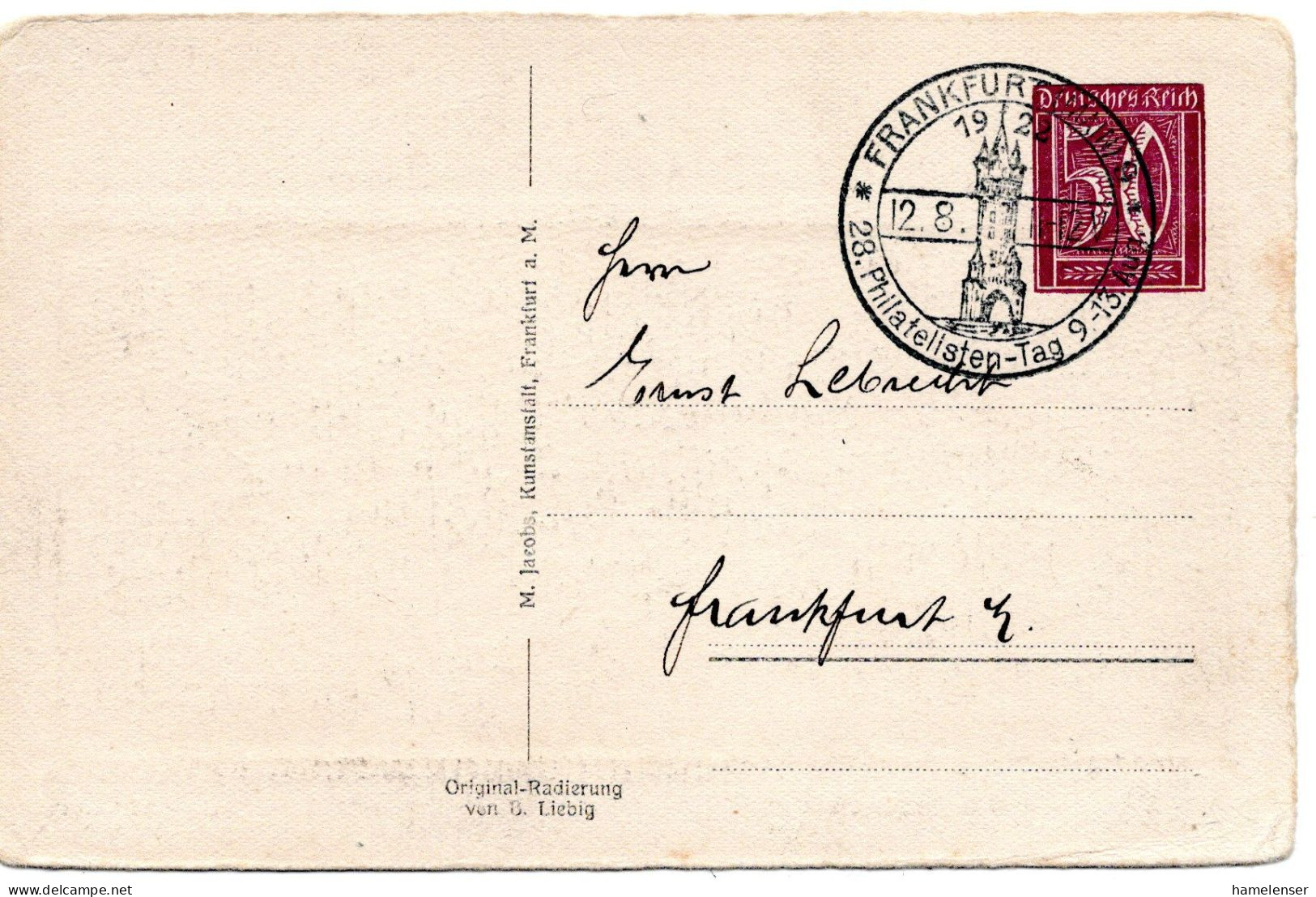 62030 - Deutsches Reich - 1922 - 50Pfg Ziffer PGAAnsKte "28.Philatelistentag" Als OrtsKte SoStpl FRANKFURT - ... - Briefkaarten