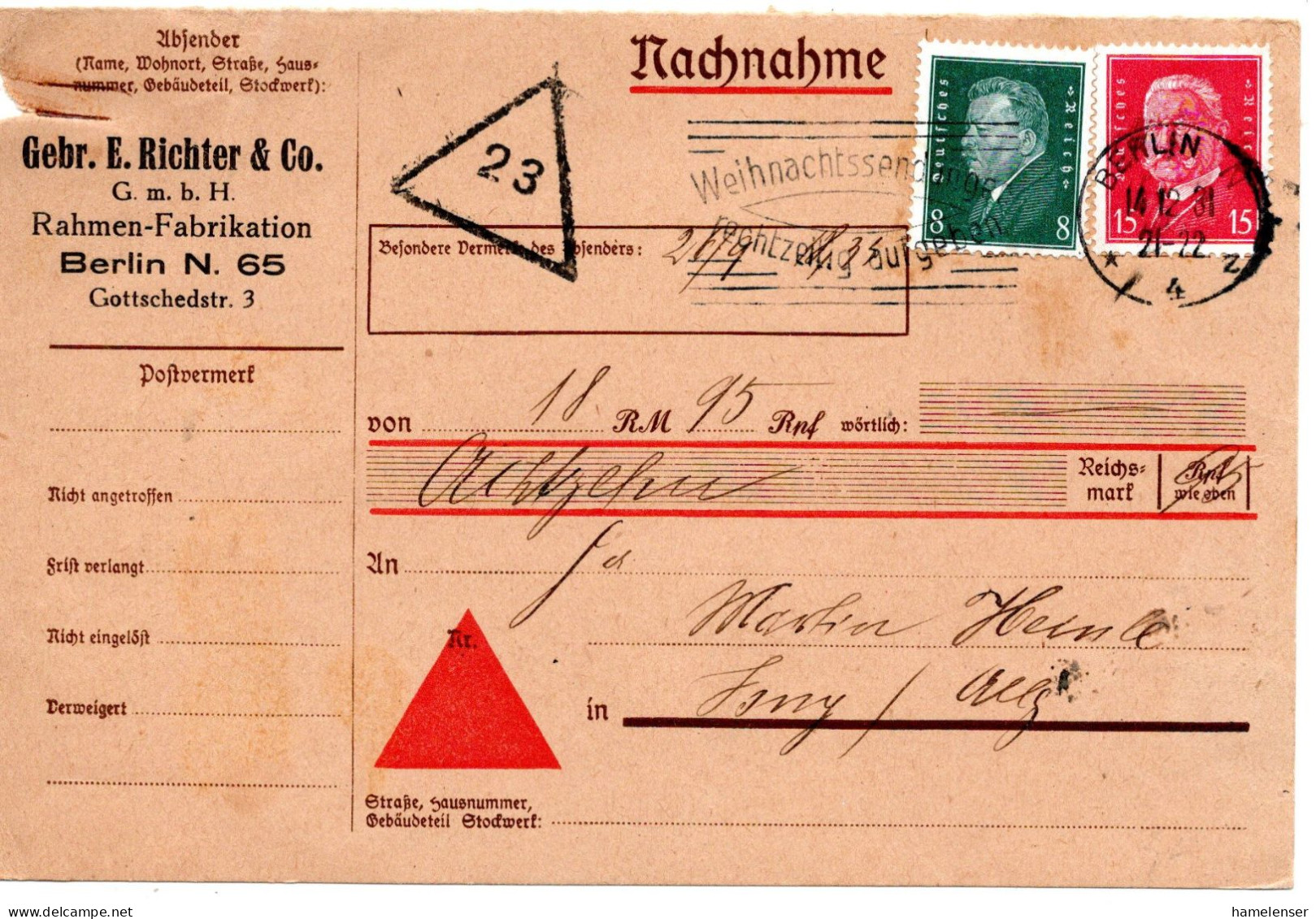 62033 - Deutsches Reich - 1931 - 15Pfg Hindenburg MiF A NN-DrucksKte BERLIN - ... -> Isny - Briefe U. Dokumente