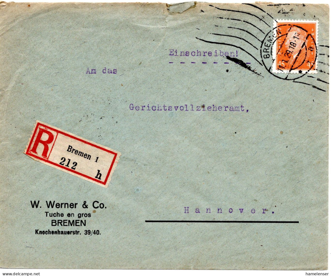 62038 - Deutsches Reich - 1929 - 45Pfg Ebert EF A R-Bf BREMEN -> HANNOVER - Lettres & Documents