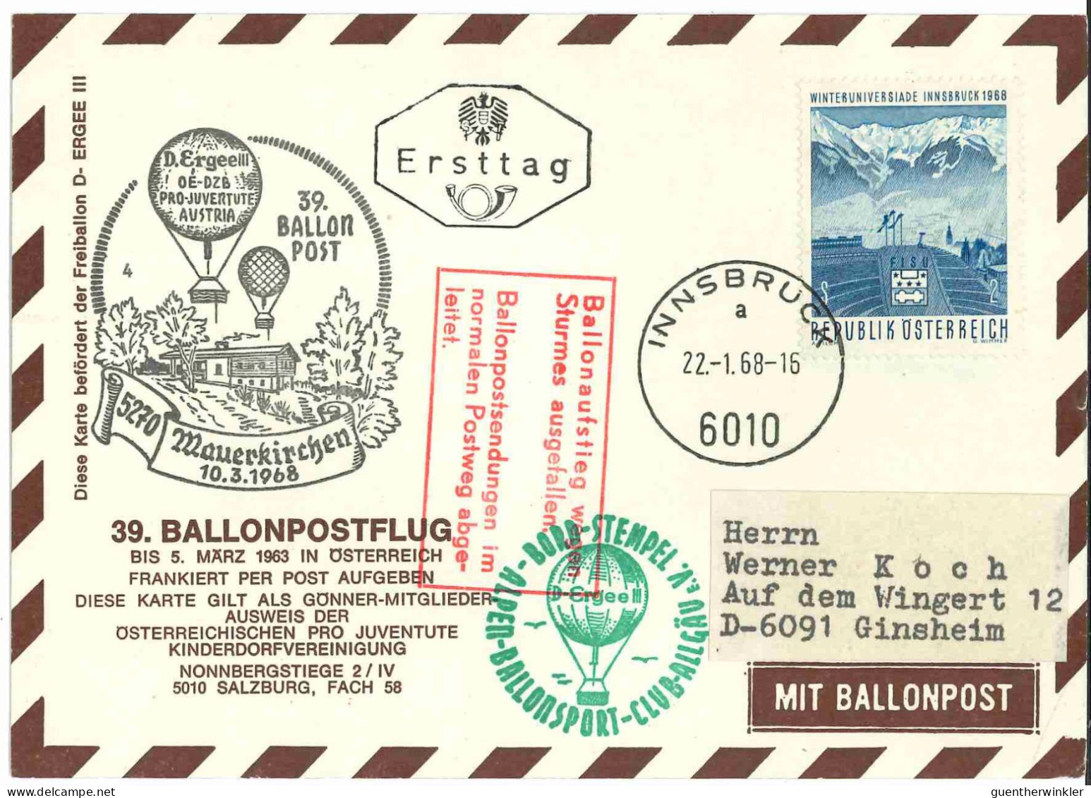 Regulärer Ballonpostflug Nr. 39b Der Pro Juventute [RBP39c] - Ballonpost