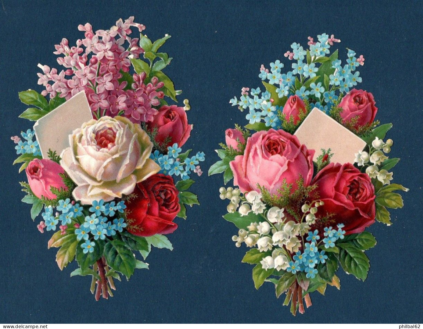 Lot De 2 Découpis Format 9 X 14 Cm. Bouquets De Fleurs Diverses, Roses, Myosotis, Muguet. - Flores