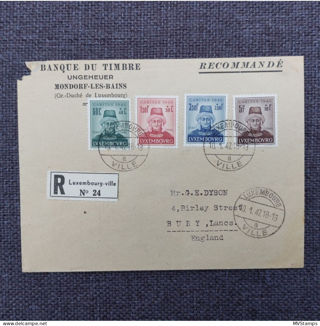 Luxemburg 1946 Satz 413/16 Johan Der Blinde FDC Auf R-Umschlag - Covers & Documents