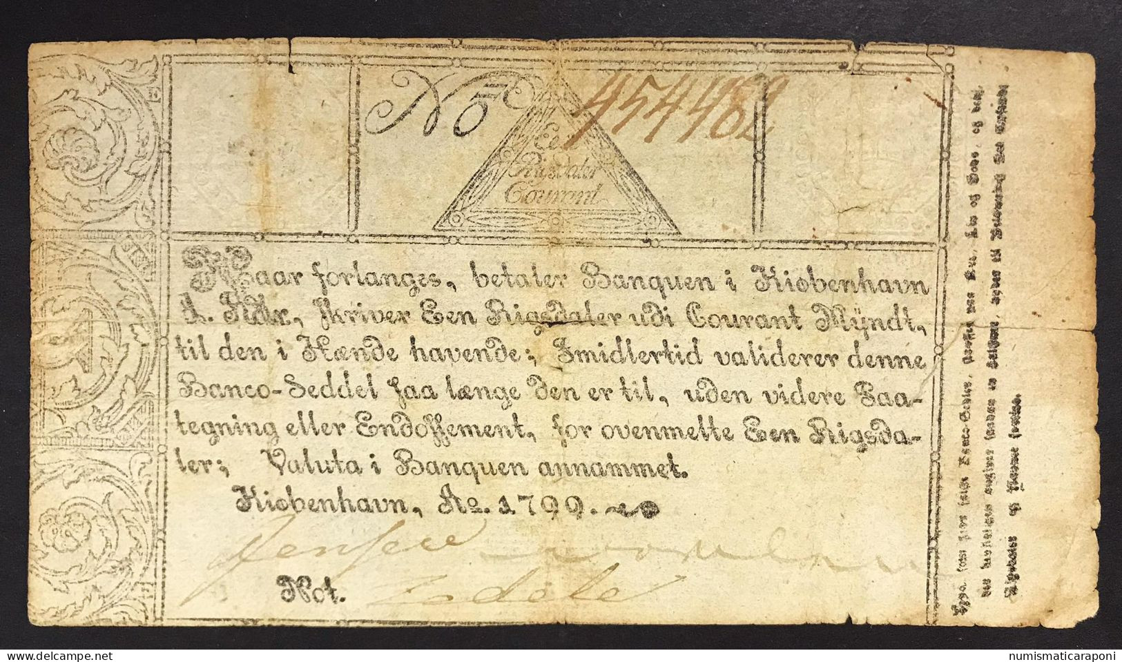 Danimarca Danmarks  DENMARK 1 Rigsdaler Courant 1799 Pick#a28LOTTO 472 - Denemarken