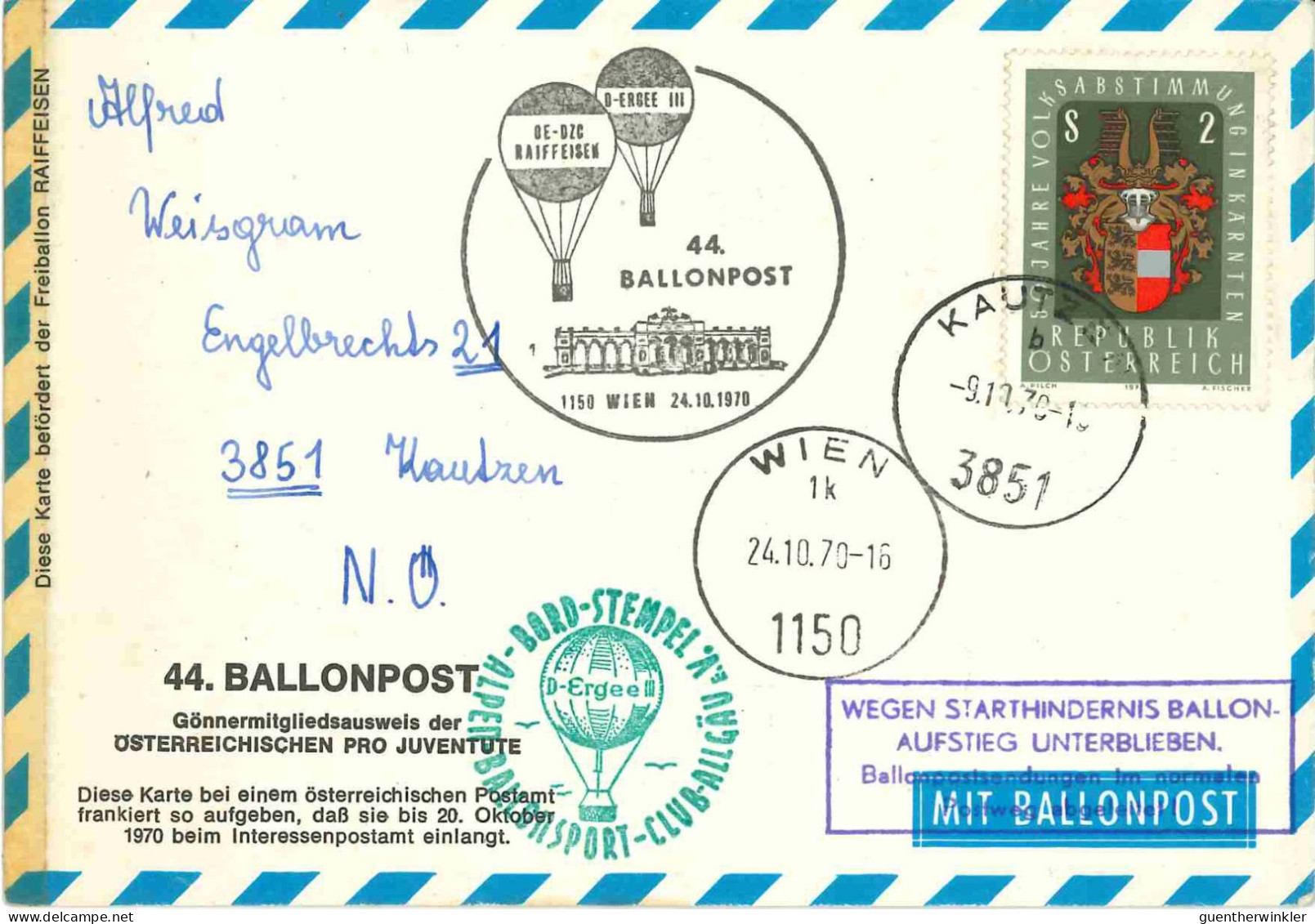 Regulärer Ballonpostflug Nr. 44b Der Pro Juventute [RBP44b] - Ballonpost