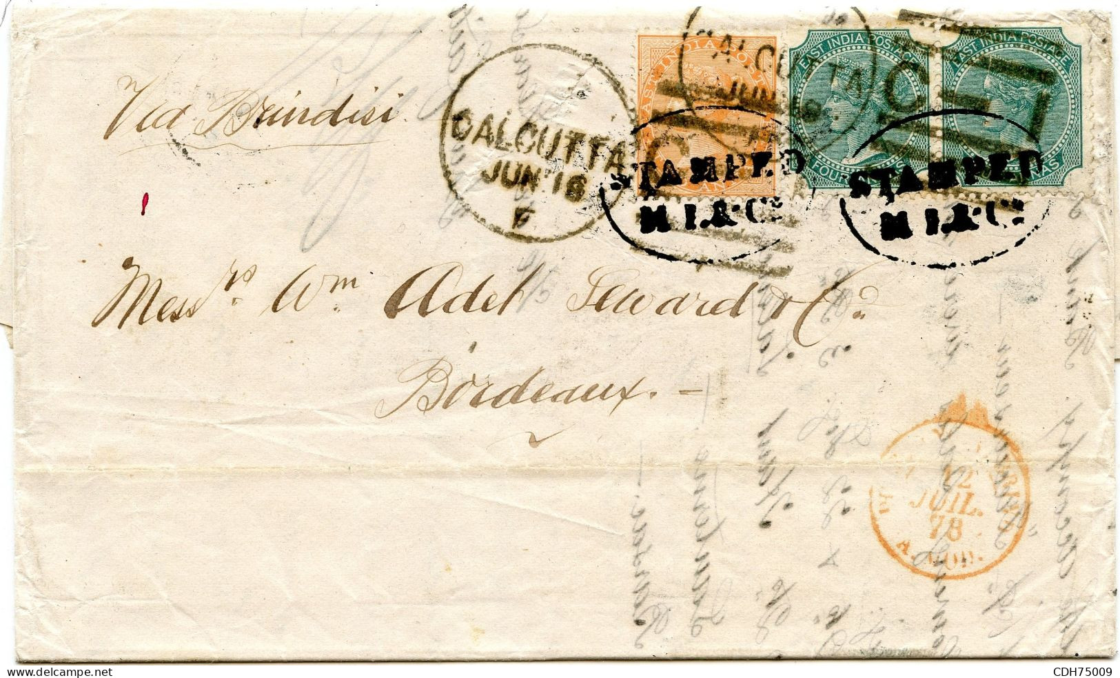 INDE - LETTRE DE CALCUTTA POUR BORDEAUX, 1878 - Sonstige & Ohne Zuordnung