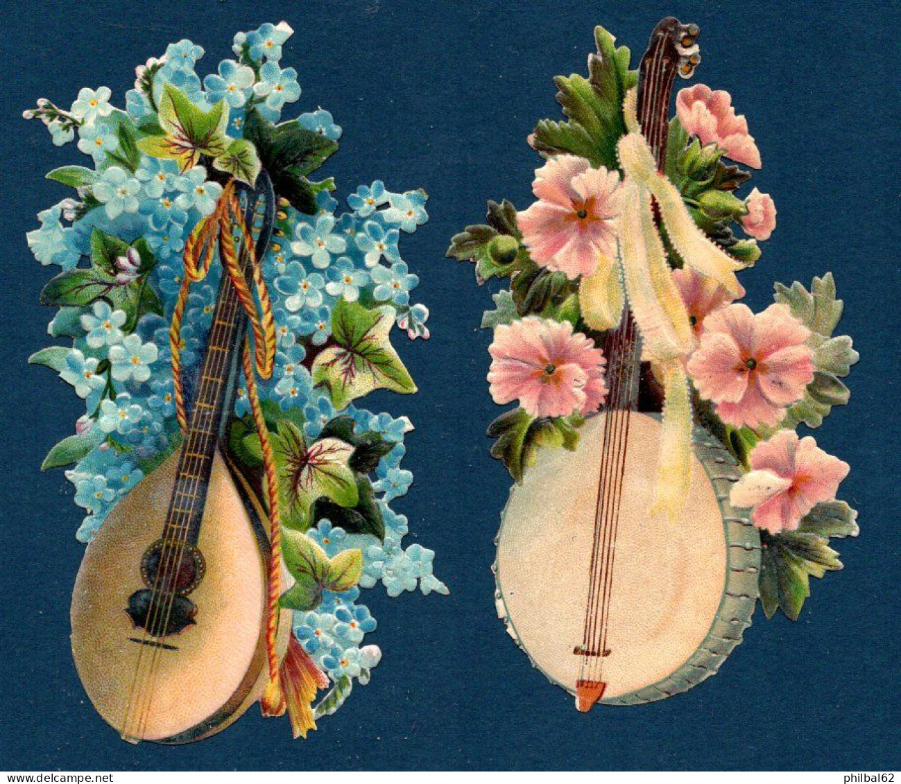 Lot De 2 Découpis Format 7 X 12 Cm. Bouquets Et Instruments De Musique. - Fleurs