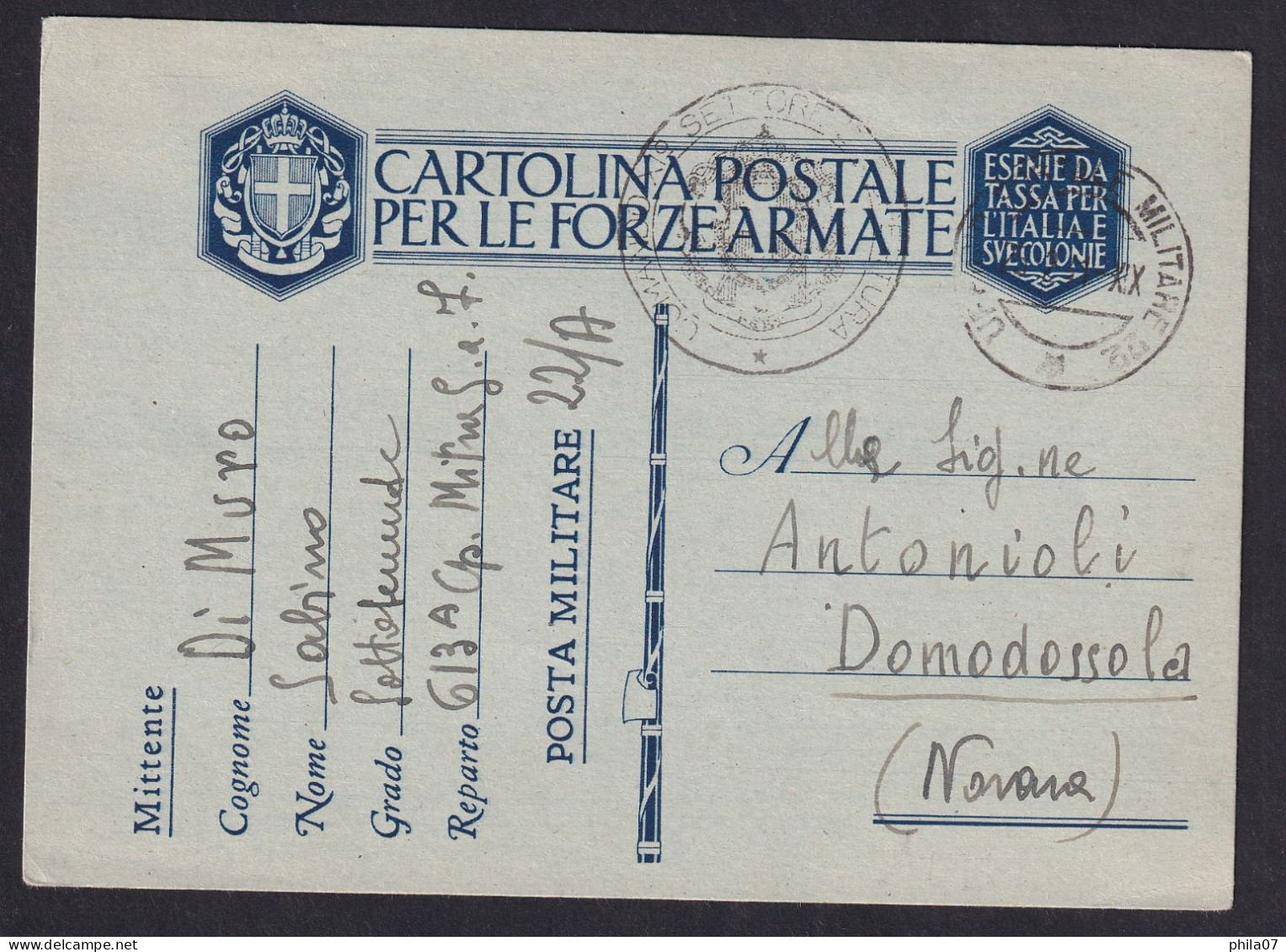 ITALY - Posta Militare 22, Albanie, Sent To Domodossola Near Novara 25.02. 1941, Very Rare, Marchese 8 Points / 2 Scans - Albanie