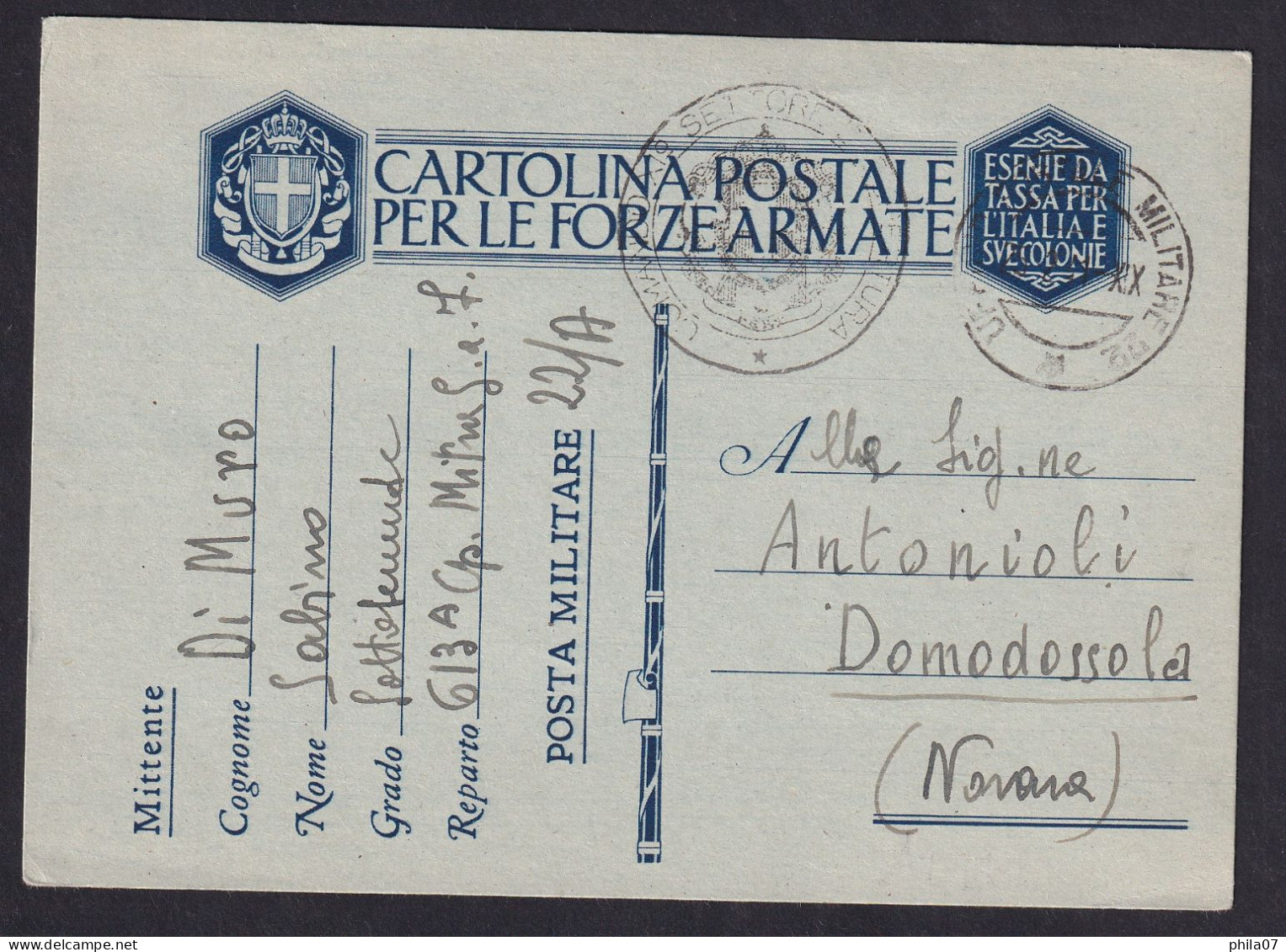 ITALY - Posta Militare 22, Albanie, Sent To Domodossola Near Novara 25.02. 1941, Very Rare, Marchese 8 Points / 2 Scans - Albanië