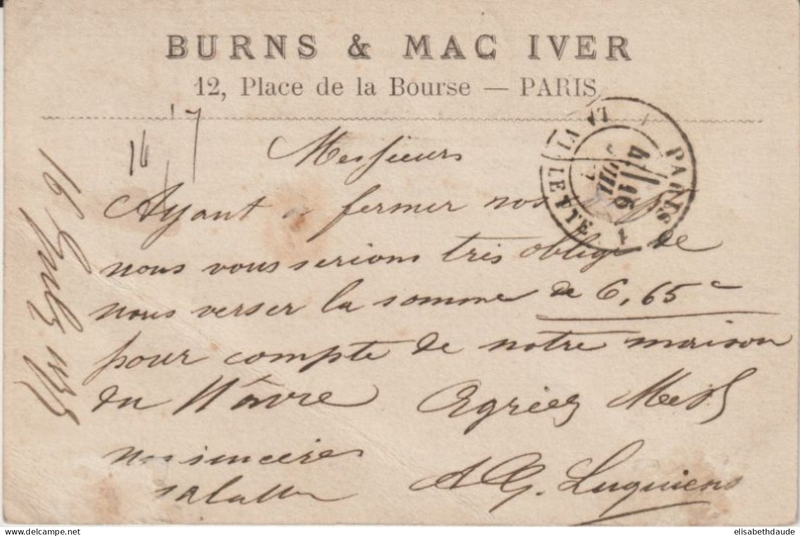 1875 - REPIQUAGE ! CP PRECURSEUR CERES LOCALE ET REPIQUEE BURNS & MAC IVER à PARIS => - Voorloper Kaarten