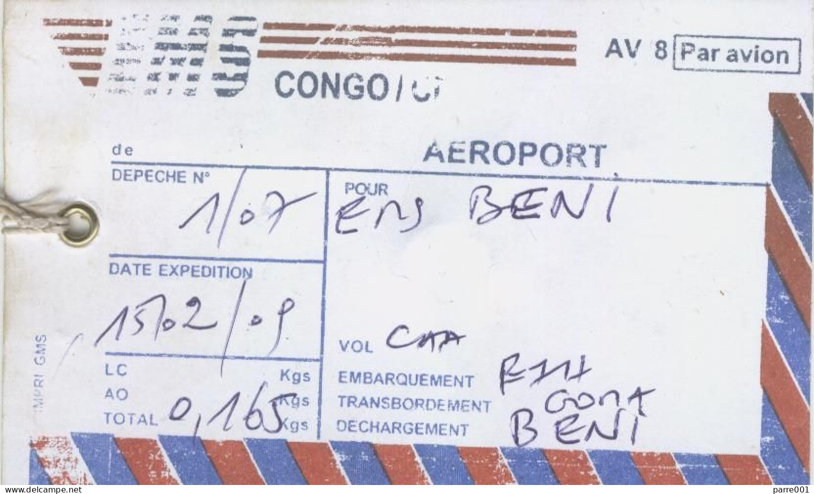 DRC Congo 2009 Beni EMS Label Kinshasa Via Goma With CAA Airline Includes Lead Sealing Weight. Rare - Brieven