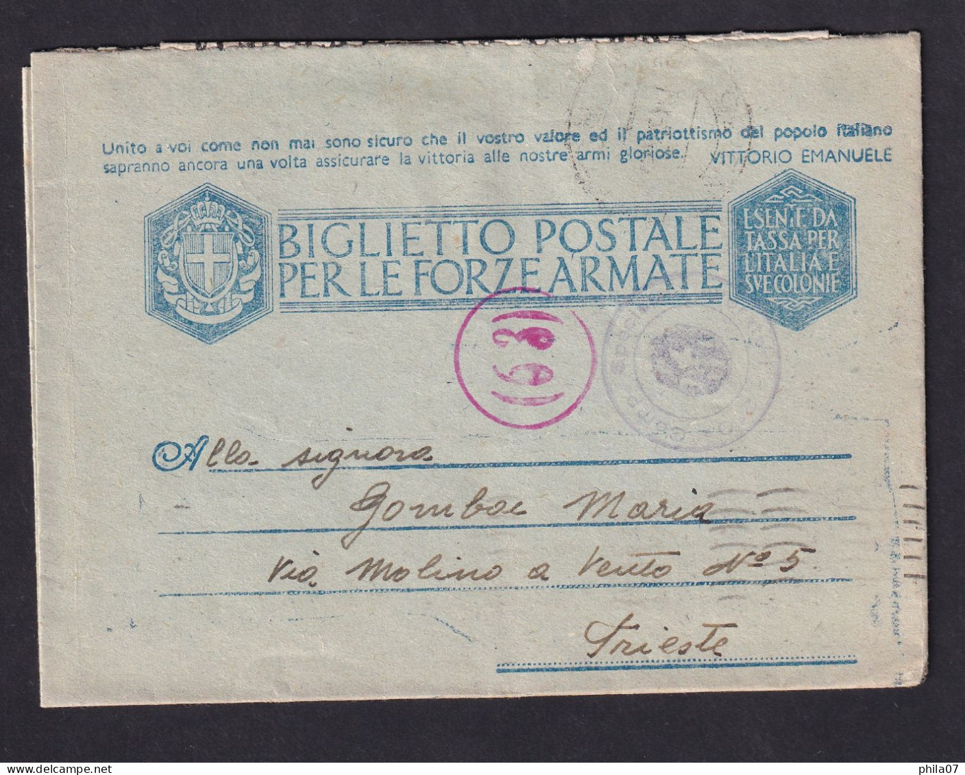 ITALY - Posta Militare 35, Sicily, Sent To Trieste 25.5.1943., Censorship  / 2 Scans - Autres & Non Classés