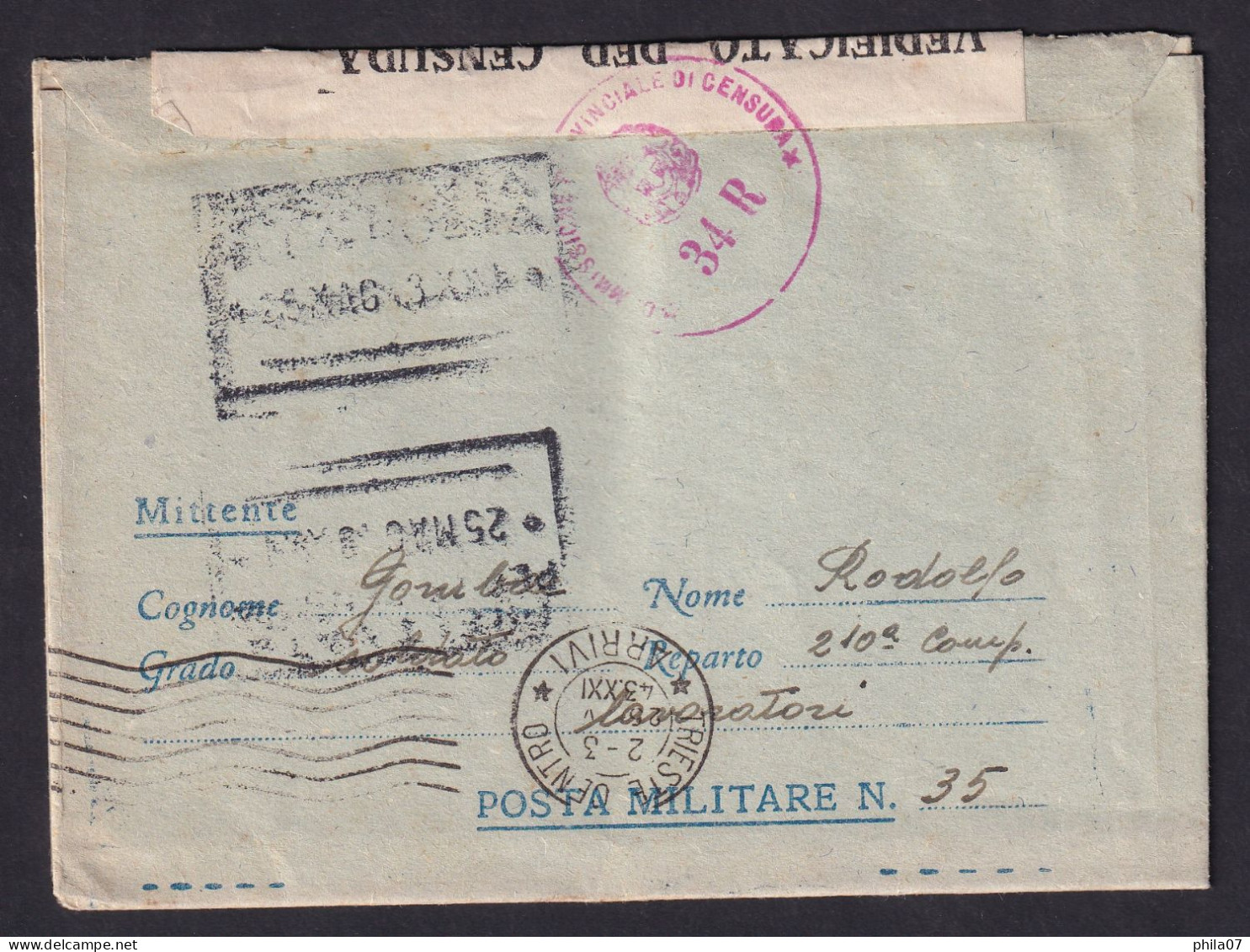 ITALY - Posta Militare 35, Sicily, Sent To Trieste 25.5.1943., Censorship  / 2 Scans - Other & Unclassified