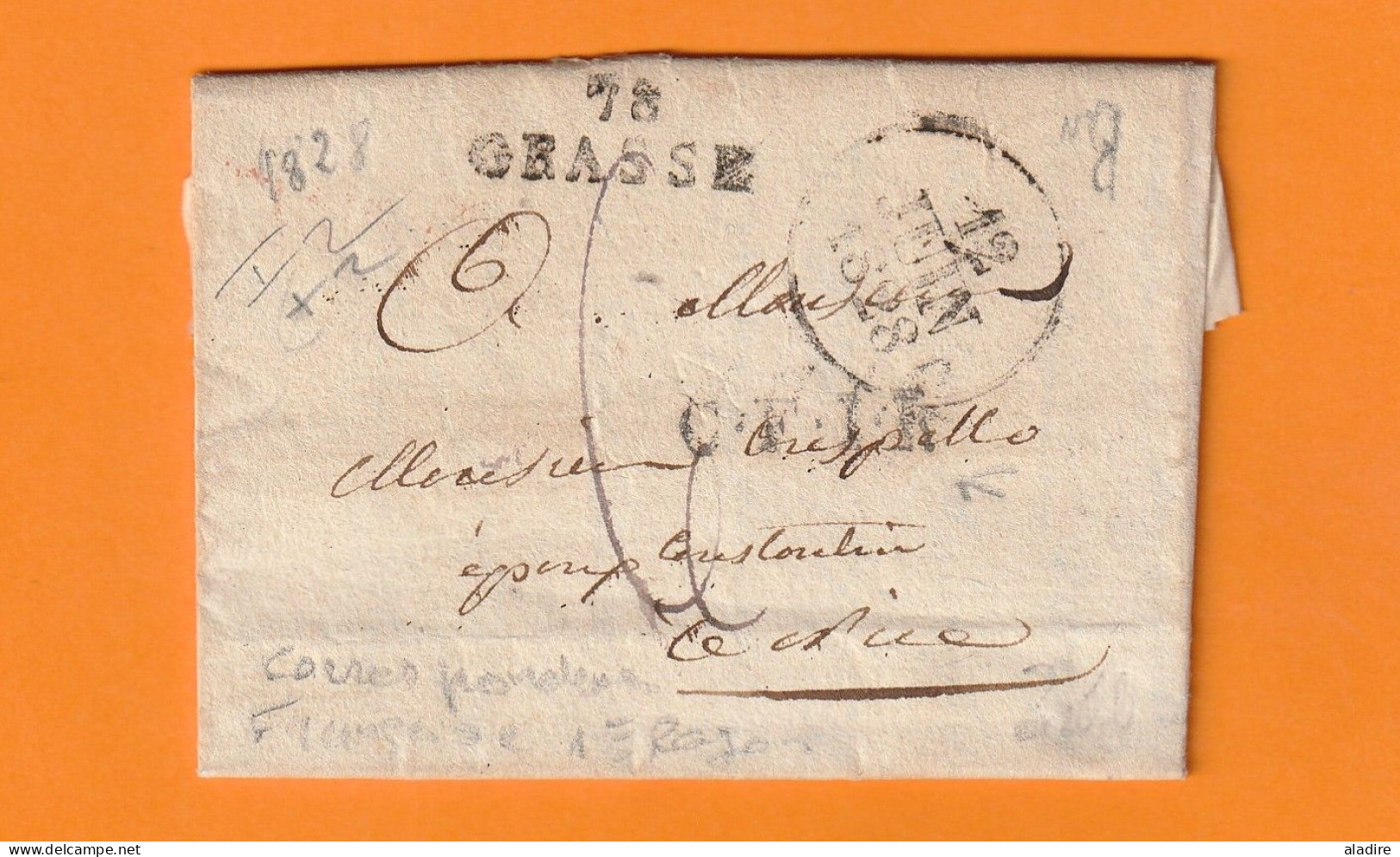 1828 - Marque Postale  78 GRASSE, Var Sur Lettre Pliée De 2 P. En Français Vers NICE, Piémont Sardaigne - 1801-1848: Precursors XIX