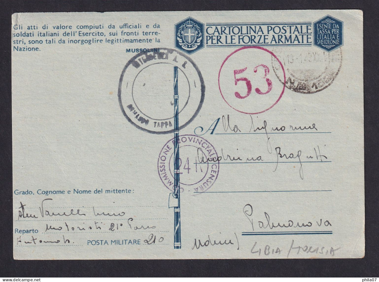ITALY - Posta Militare 210, Libya, Sent To Palmanova 13.01.1943. Censorship. / 2 Scans - Autres & Non Classés