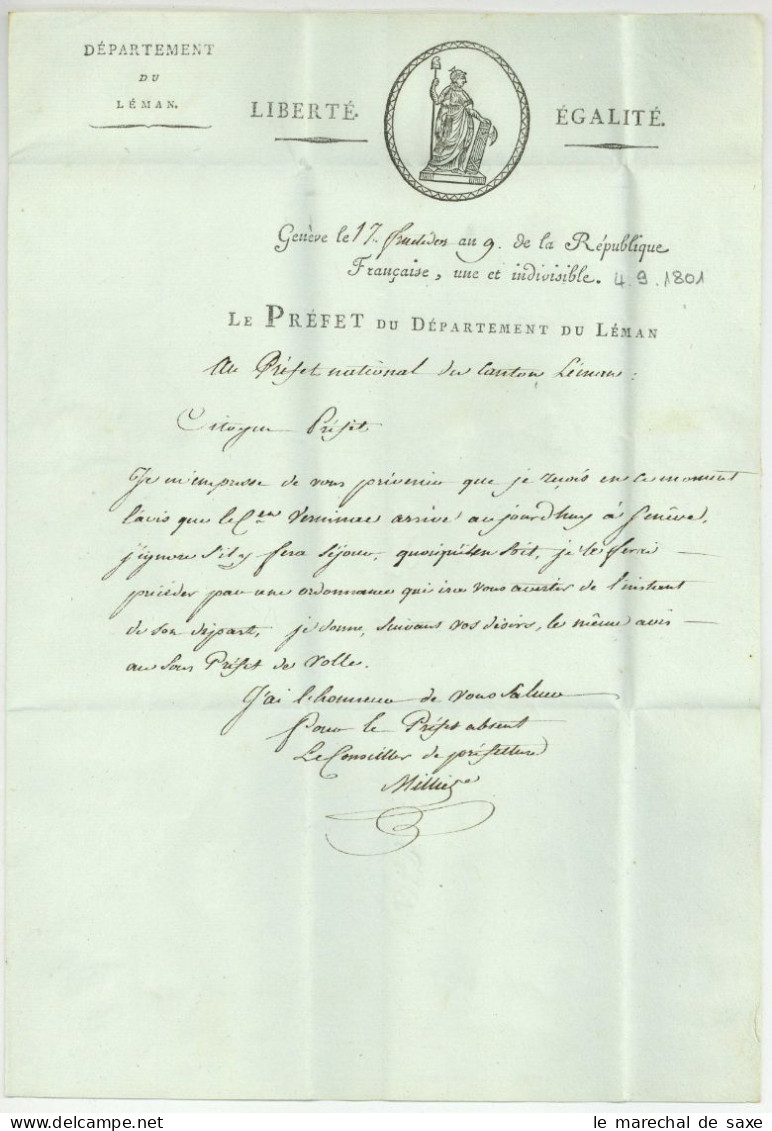 99 GENEVE 1801 Prefet Dept. Du Leman Pour Lausanne Vignette - 1792-1815: Conquered Departments