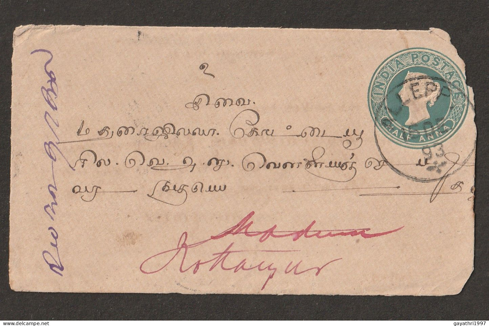 India 1893 Queen Victoria Envelope From Alleppy To Madura Rediret To Kottaiyur (A162a) - Sobres