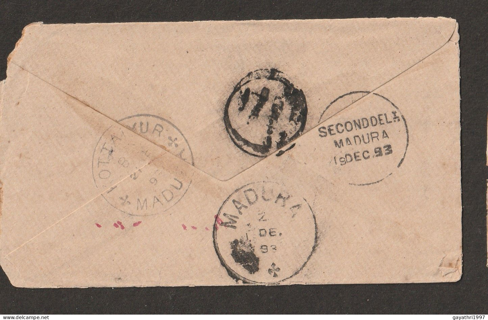 India 1893 Queen Victoria Envelope From Alleppy To Madura Rediret To Kottaiyur (A162a) - Briefe